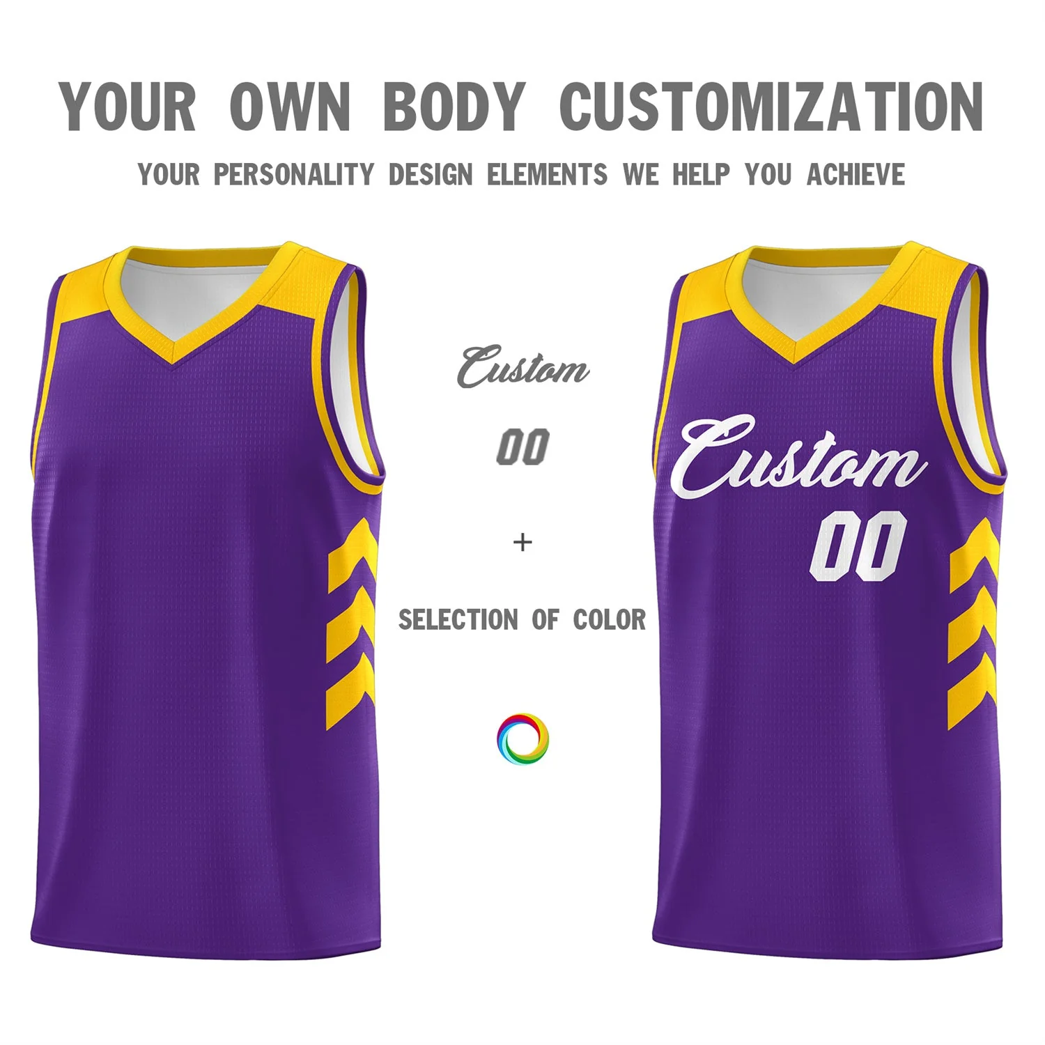 Custom Purple White-Yellow Classic Tops Mesh Sport Basketball Jersey - Image 3