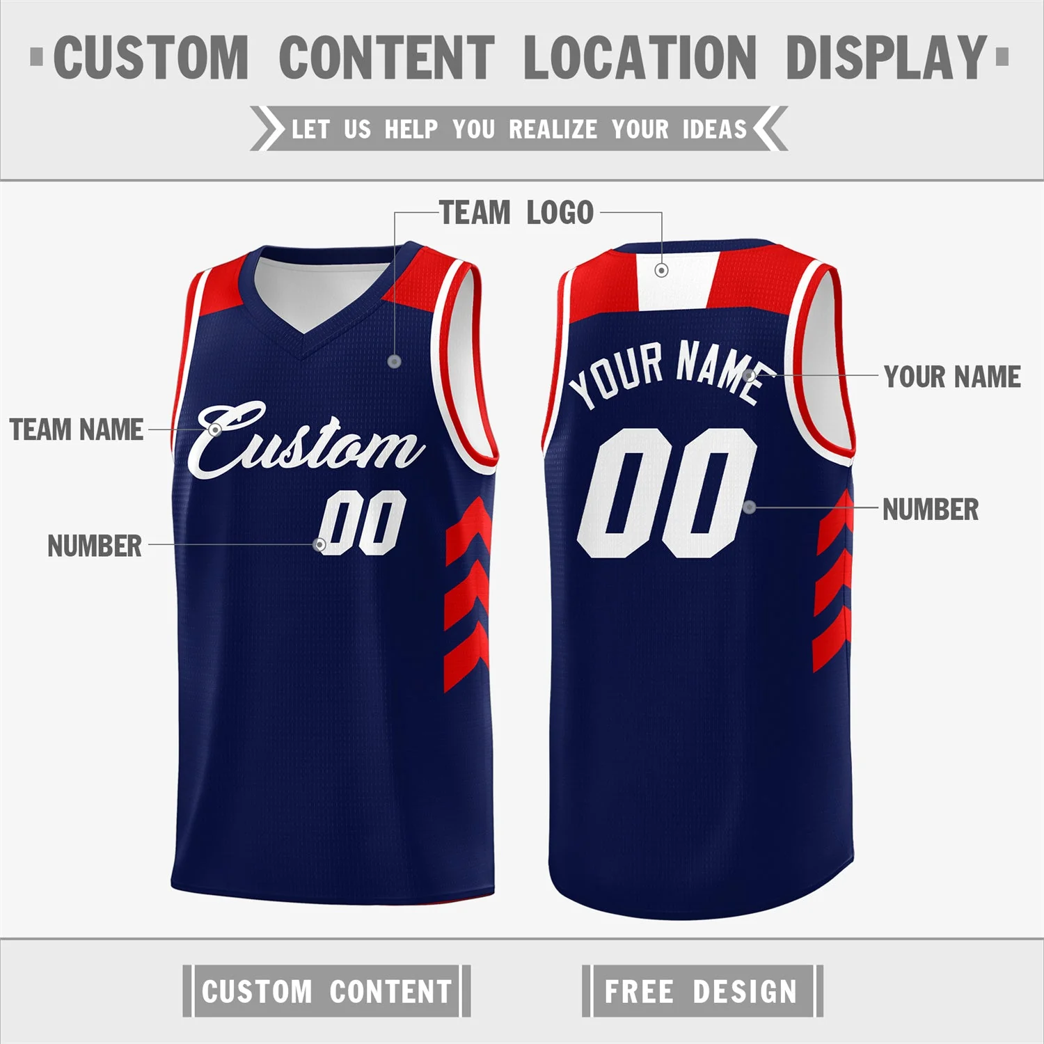 Custom Navy White-Red Classic Tops Sport Basketball Jersey - Image 2