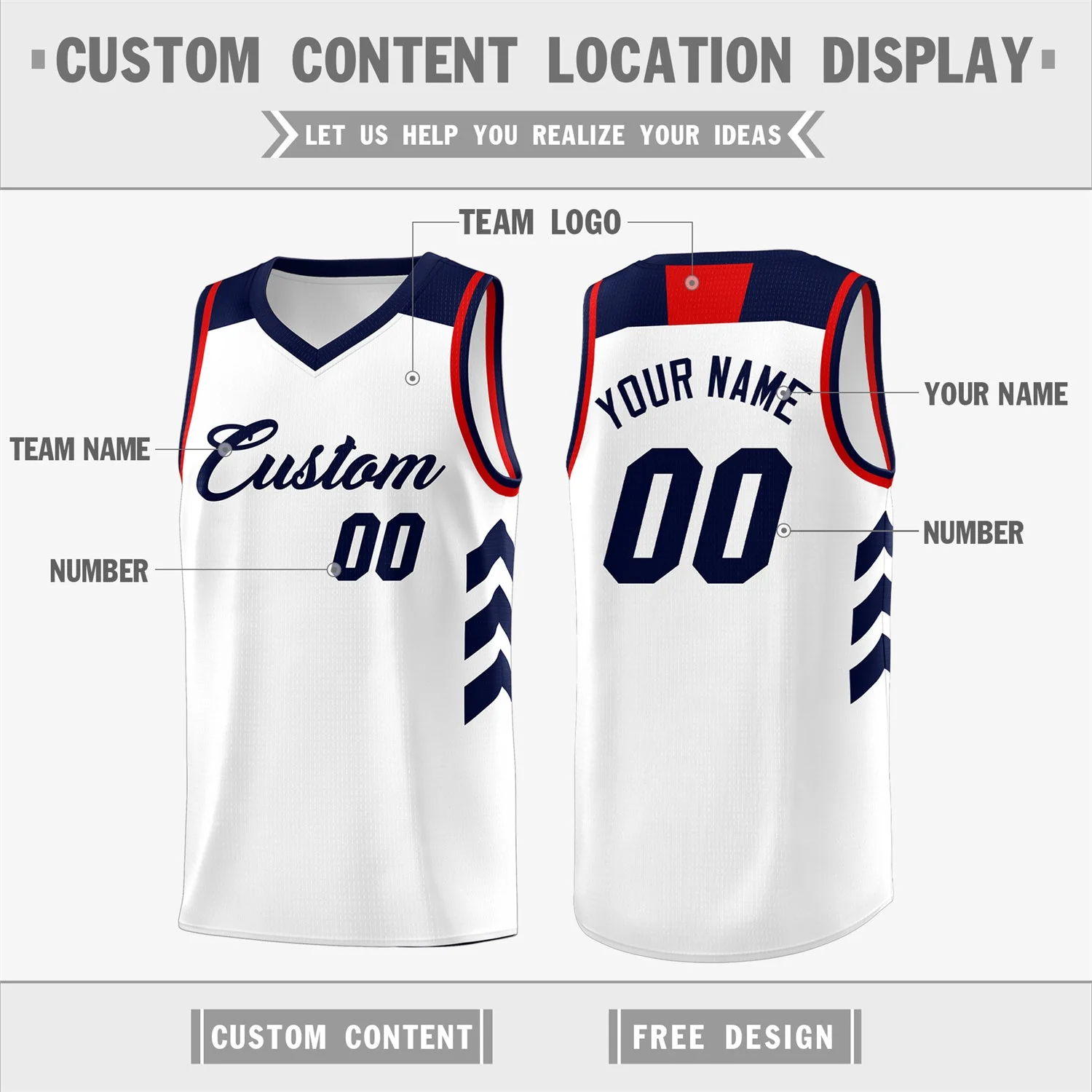 Custom White Navy-Red Classic Tops Fashion Sportwear Basketball Jersey - Image 2