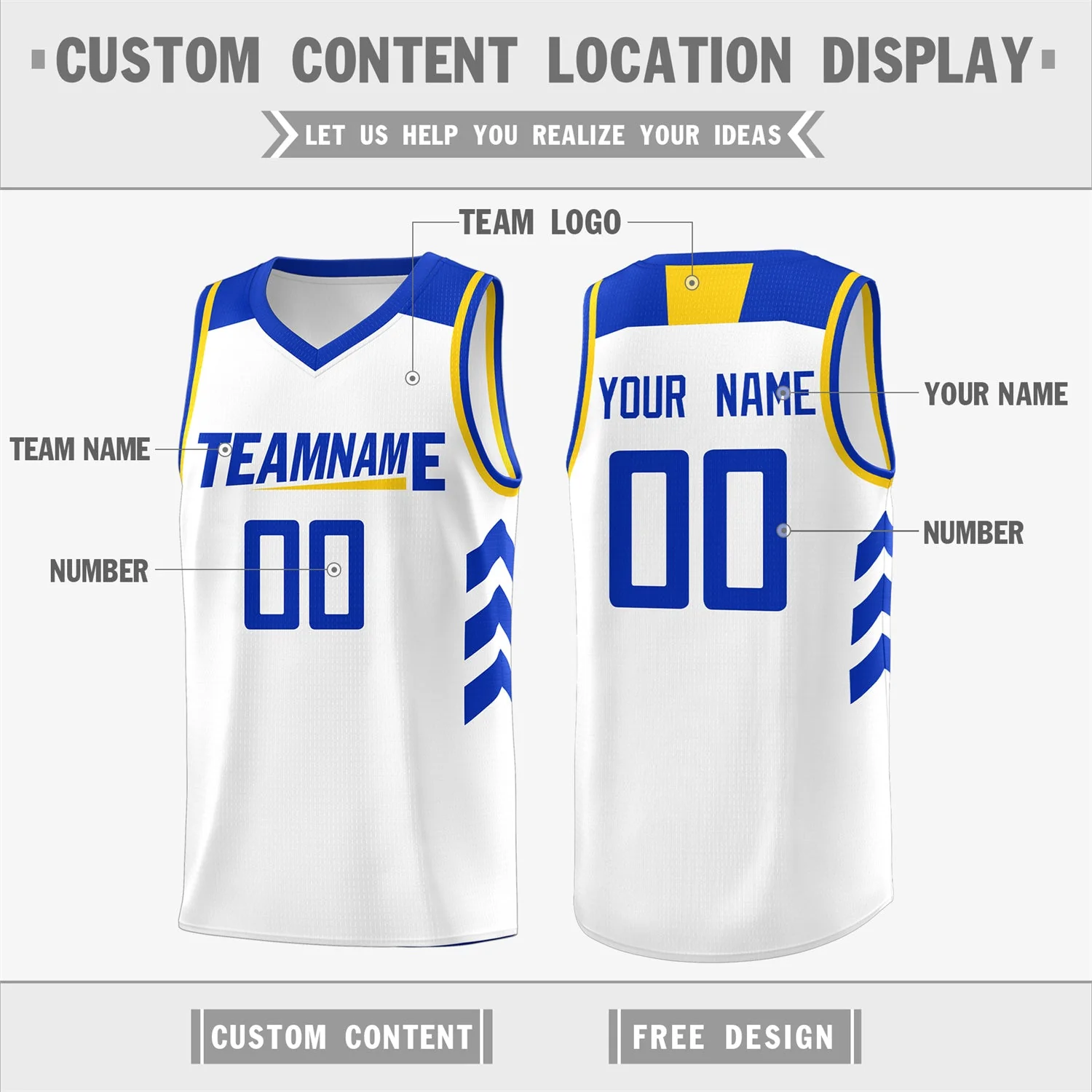 Custom White Yellow-Royal Classic Tops Mesh Sport Basketball Jersey - Image 2