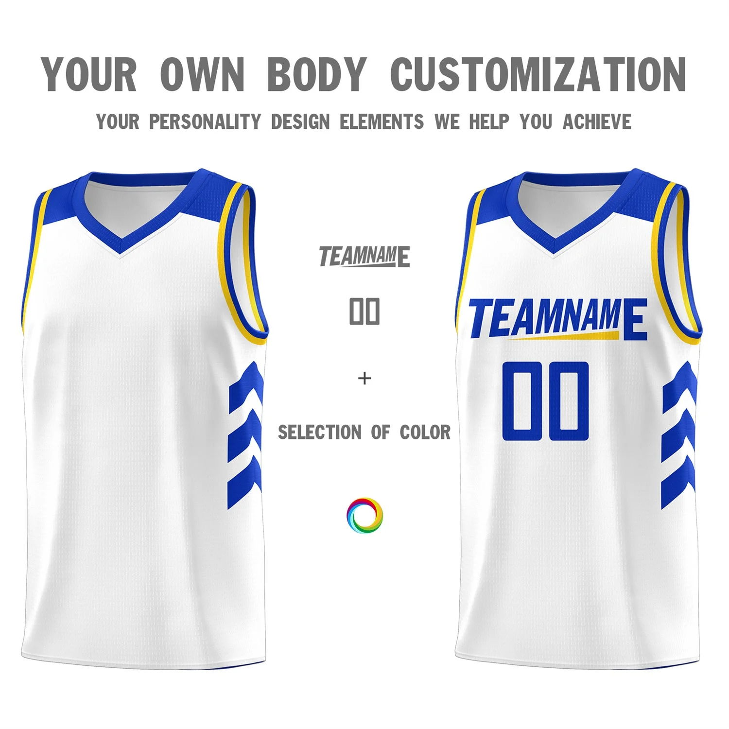 Custom White Yellow-Royal Classic Tops Mesh Sport Basketball Jersey - Image 3