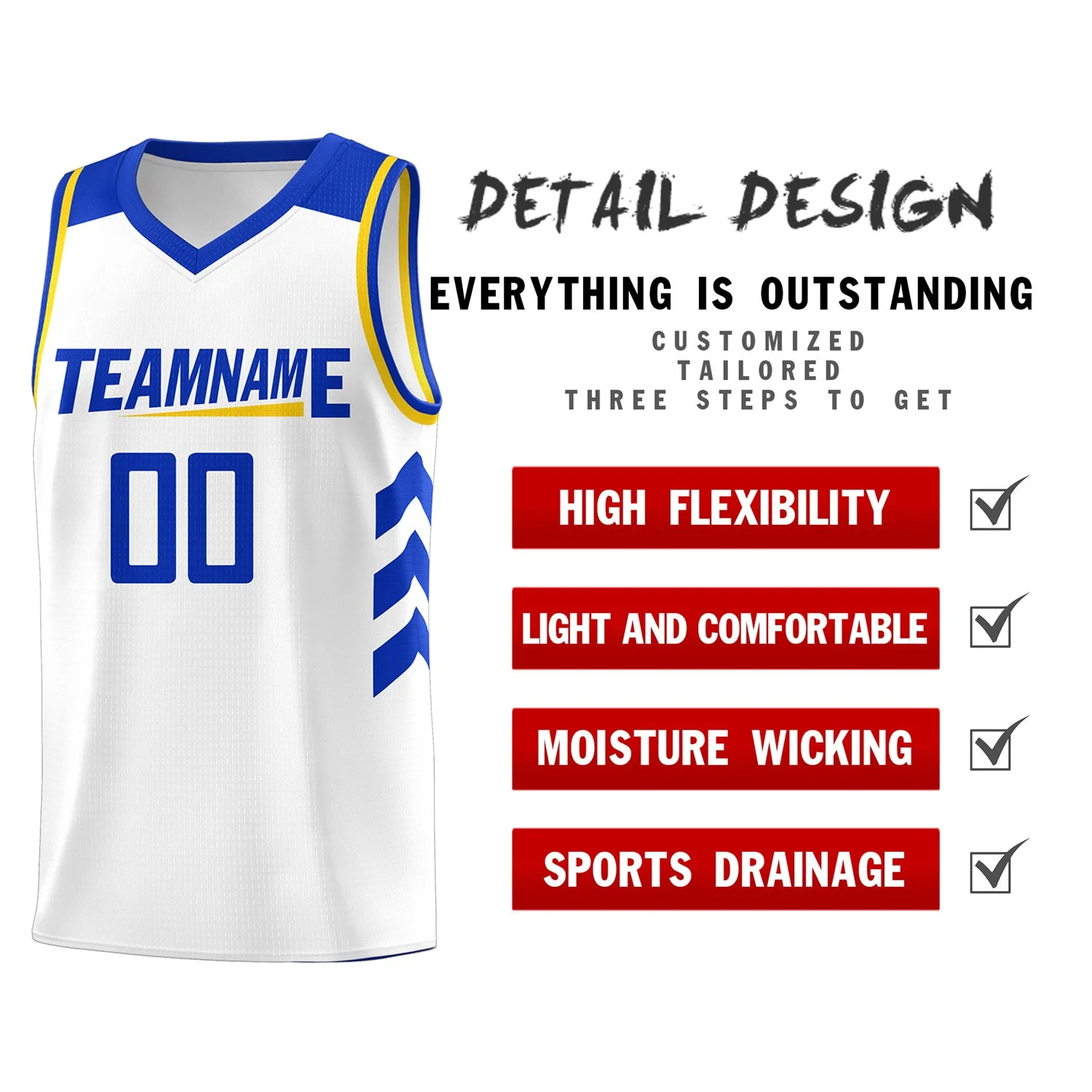 Custom White Yellow-Royal Classic Tops Mesh Sport Basketball Jersey - Image 4