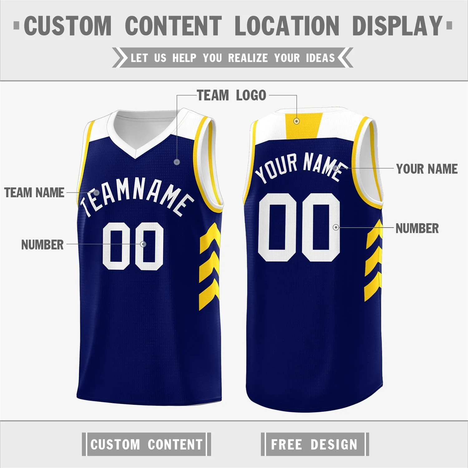 Custom Navy White-Yellow Classic Tops Mesh Sport Basketball Jersey - Image 2
