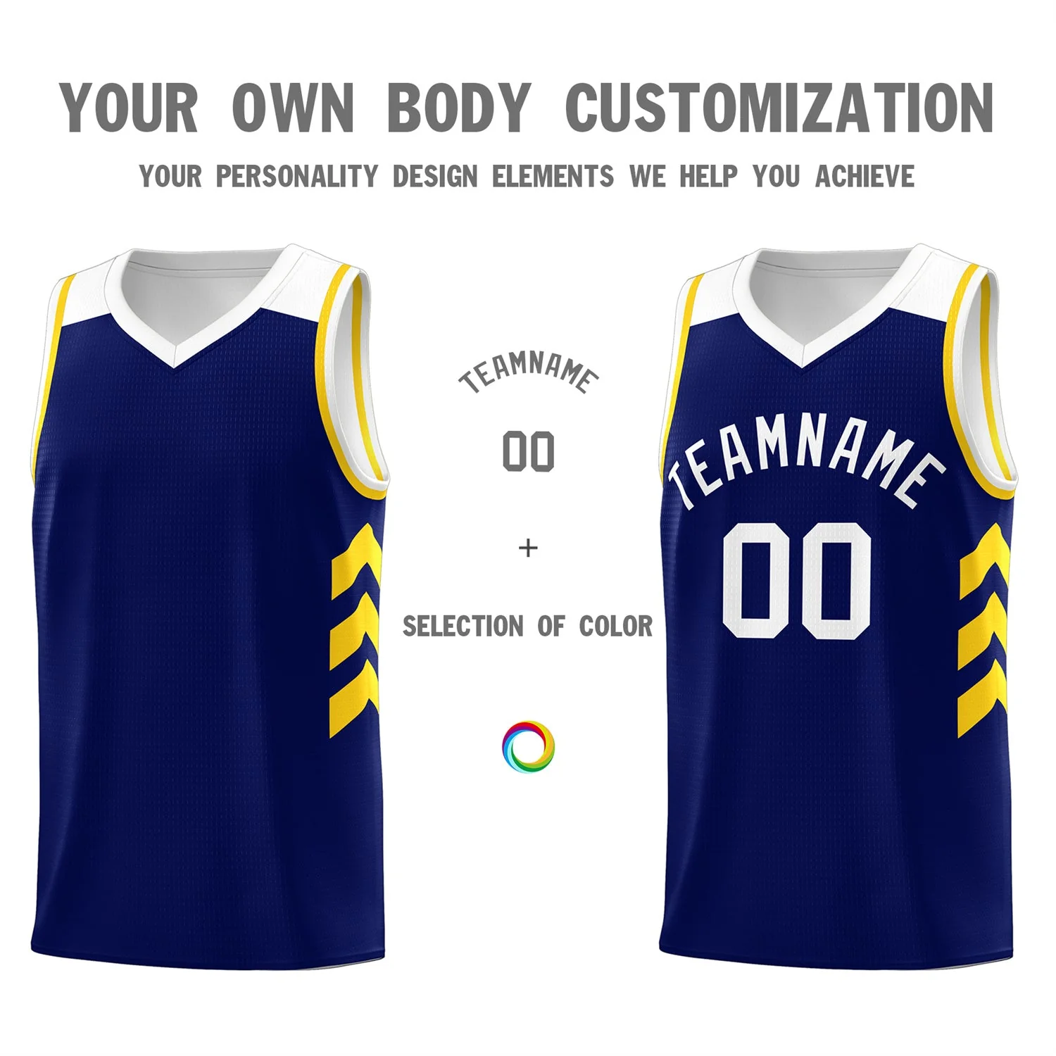 Custom Navy White-Yellow Classic Tops Mesh Sport Basketball Jersey - Image 3