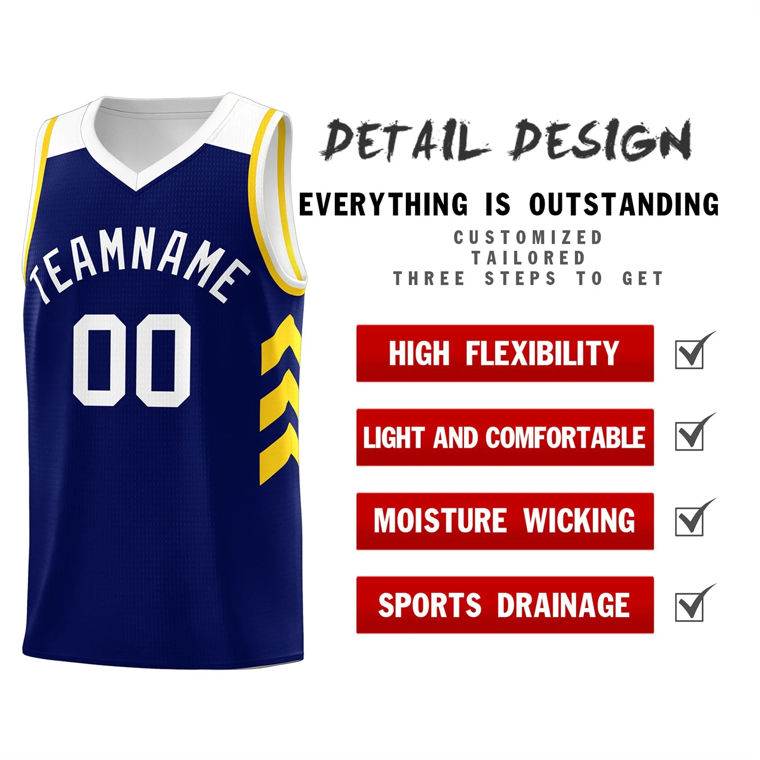 Custom Navy White-Yellow Classic Tops Mesh Sport Basketball Jersey - Image 4