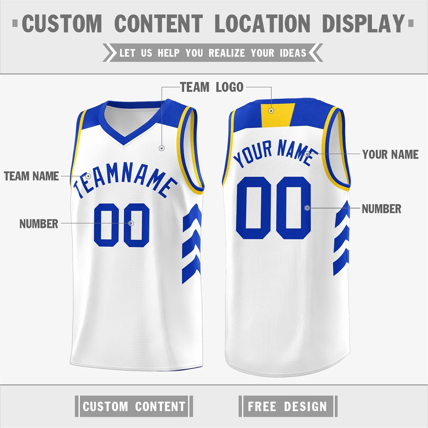 Custom White Royal-Yellow Classic Tops Men/Boy Athletic Basketball Jersey - Image 2