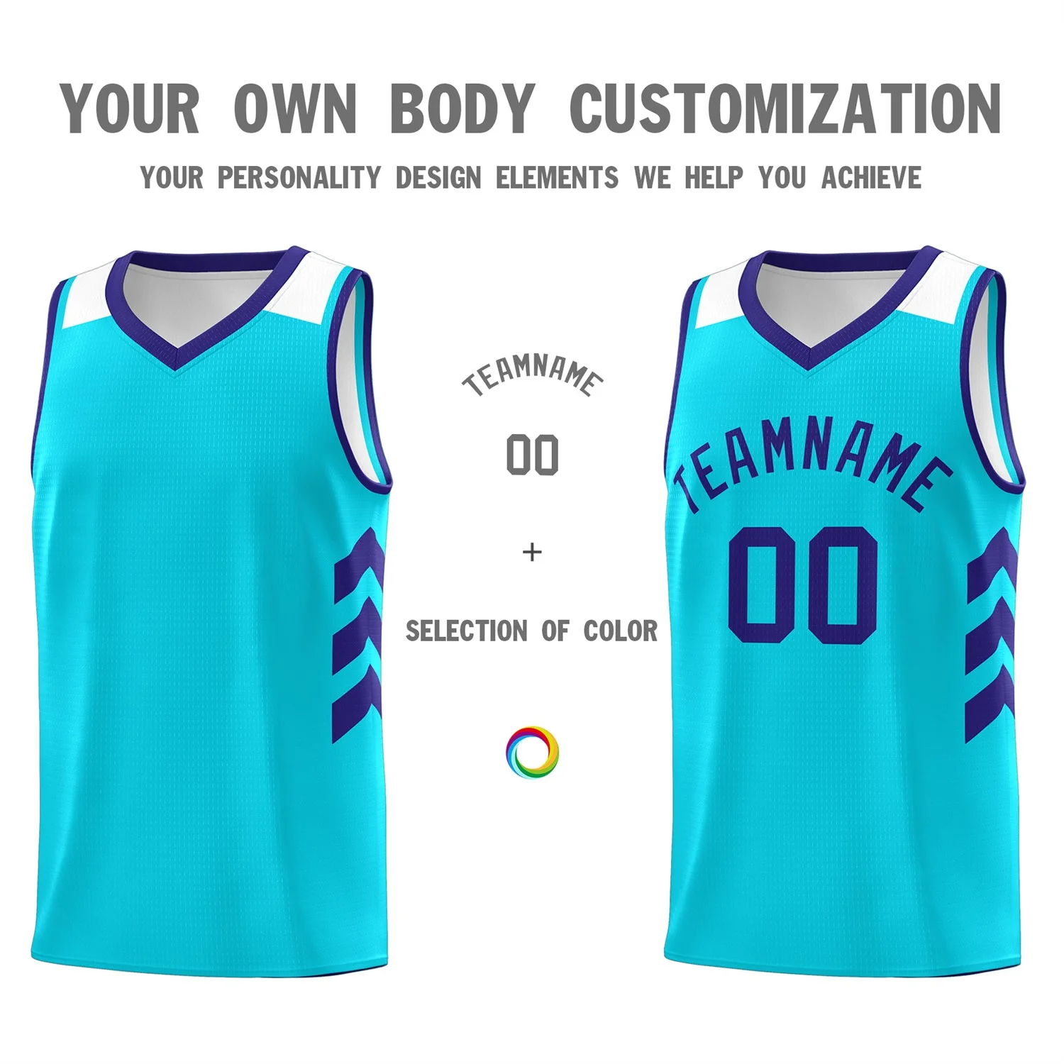 Custom Light Blue Purple-White Classic Tops Mesh Sport Basketball Jersey - Image 3