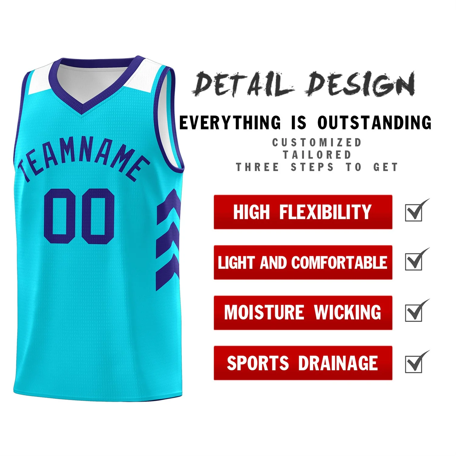 Custom Light Blue Purple-White Classic Tops Mesh Sport Basketball Jersey - Image 4