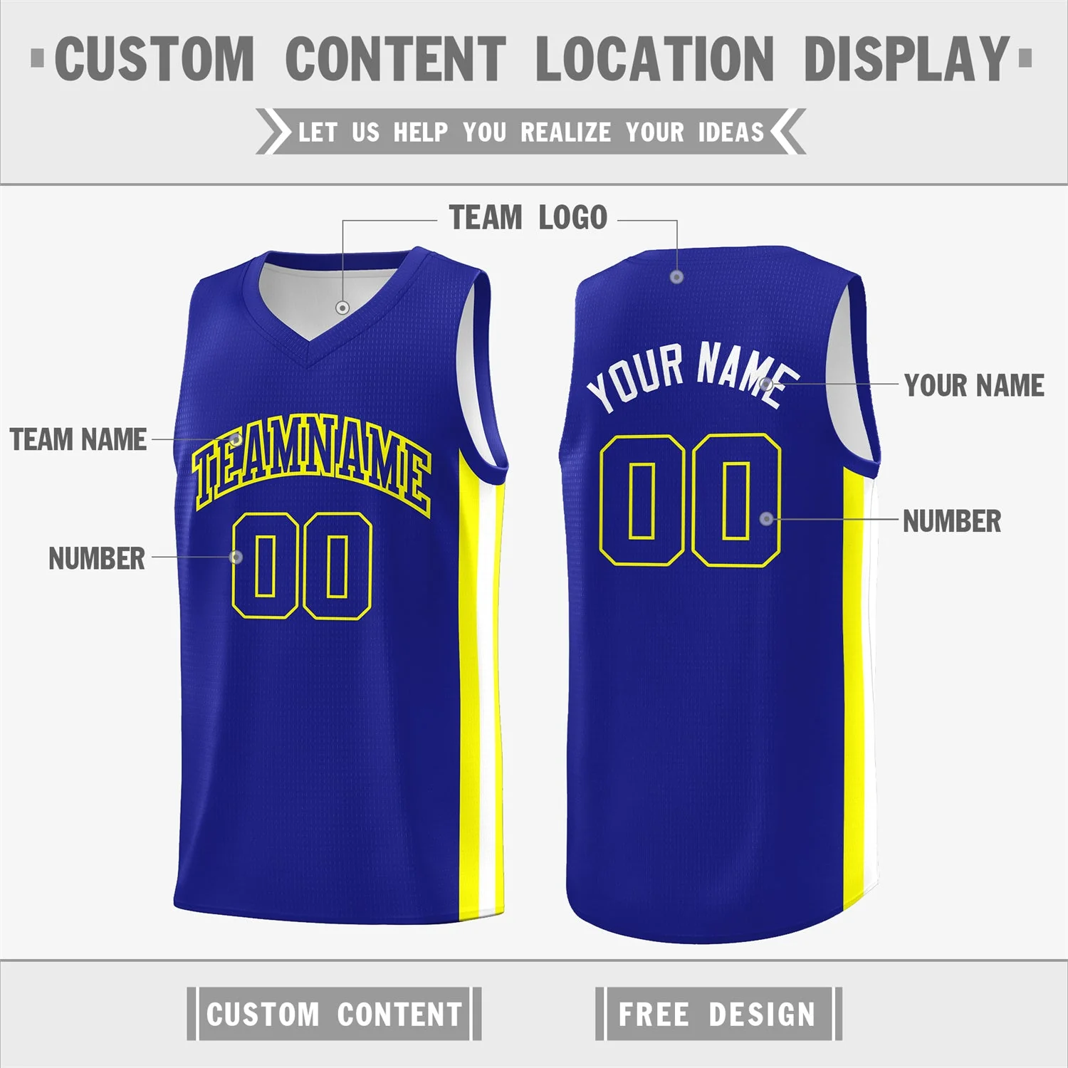 Custom Royal White-Yellow Double Side Tops Basketball Jersey - Image 2