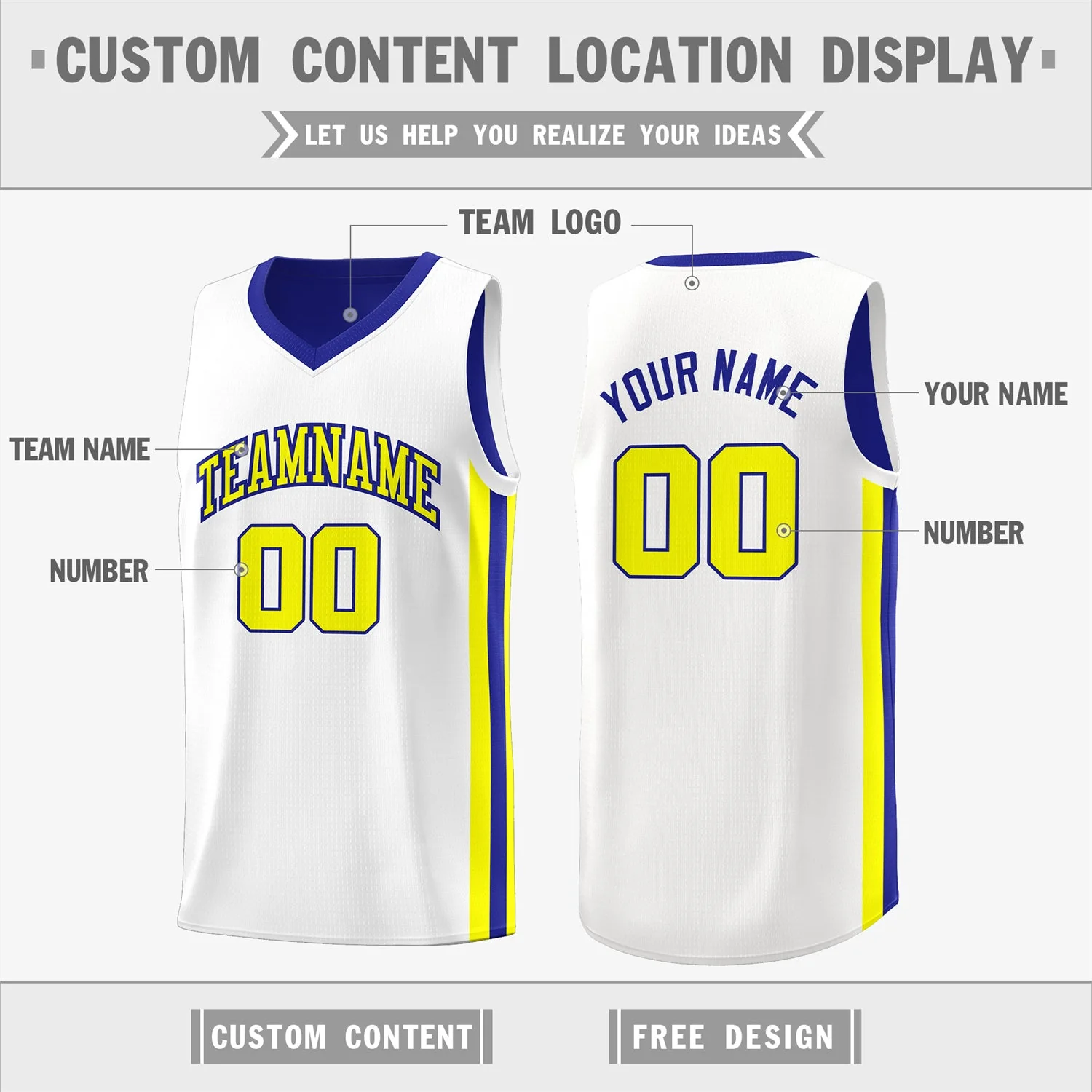 Custom Royal White-Yellow Double Side Tops Basketball Jersey - Image 3