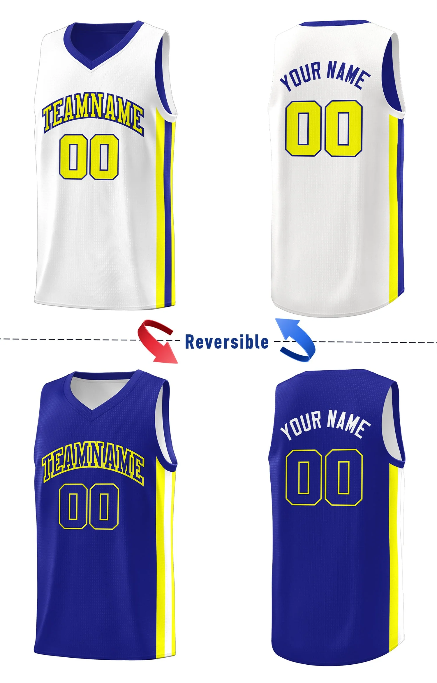 Custom Royal White-Yellow Double Side Tops Basketball Jersey - Image 4