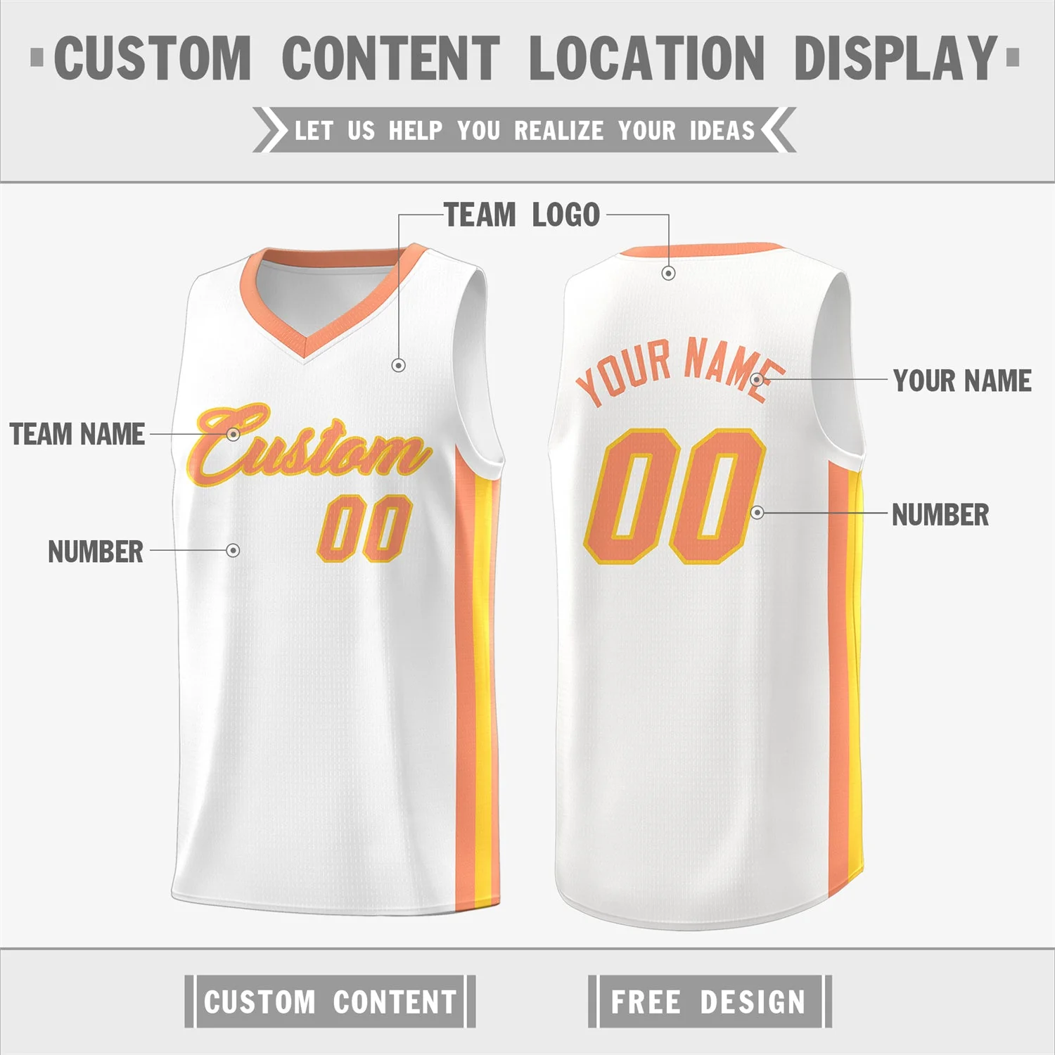 Custom White Orange Classic Tops Men/Boy Athletic Basketball Jersey - Image 2