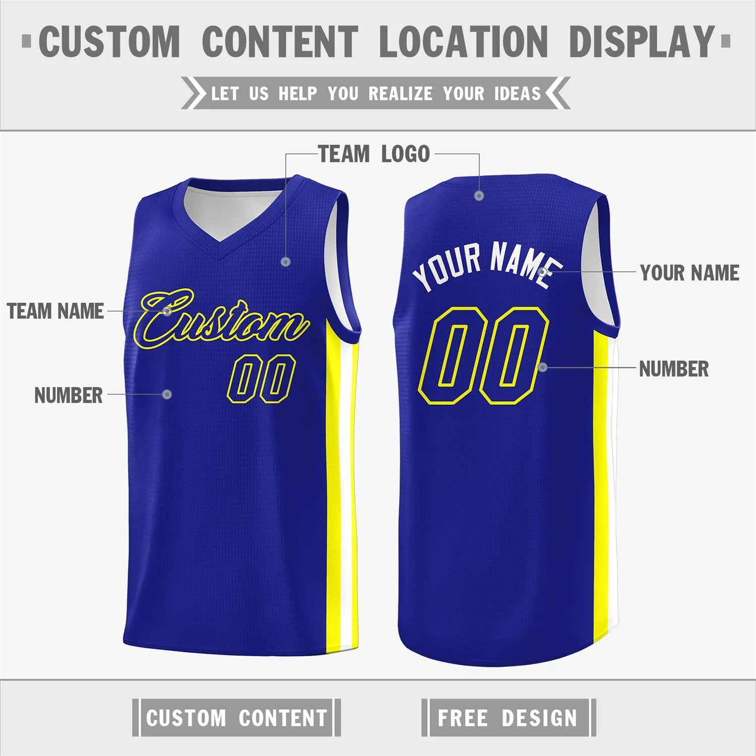 Custom Royal Yellow Classic Tops Men/Boy Athletic Basketball Jersey - Image 2