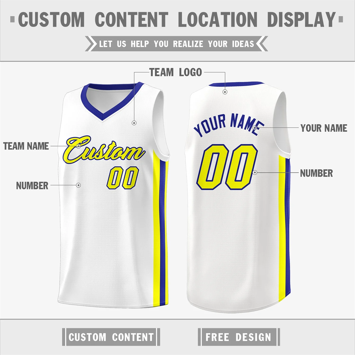 Custom White Yellow-Royal Classic Tops Men/Boy Athletic Basketball Jersey - Image 2