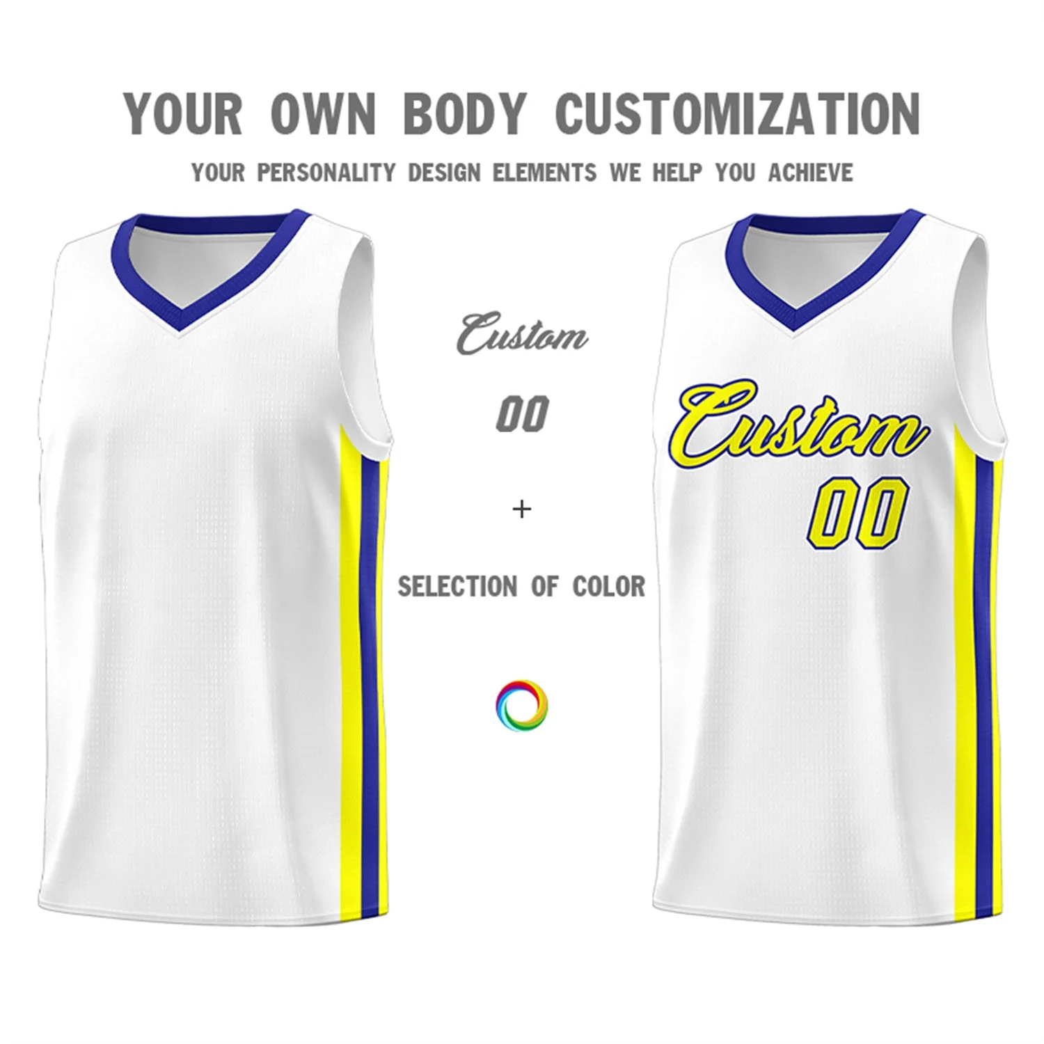 Custom White Yellow-Royal Classic Tops Men/Boy Athletic Basketball Jersey - Image 3