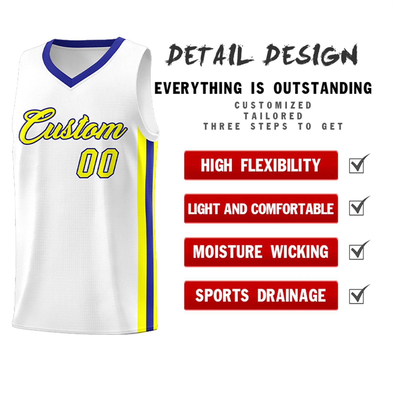 Custom White Yellow-Royal Classic Tops Men/Boy Athletic Basketball Jersey - Image 4