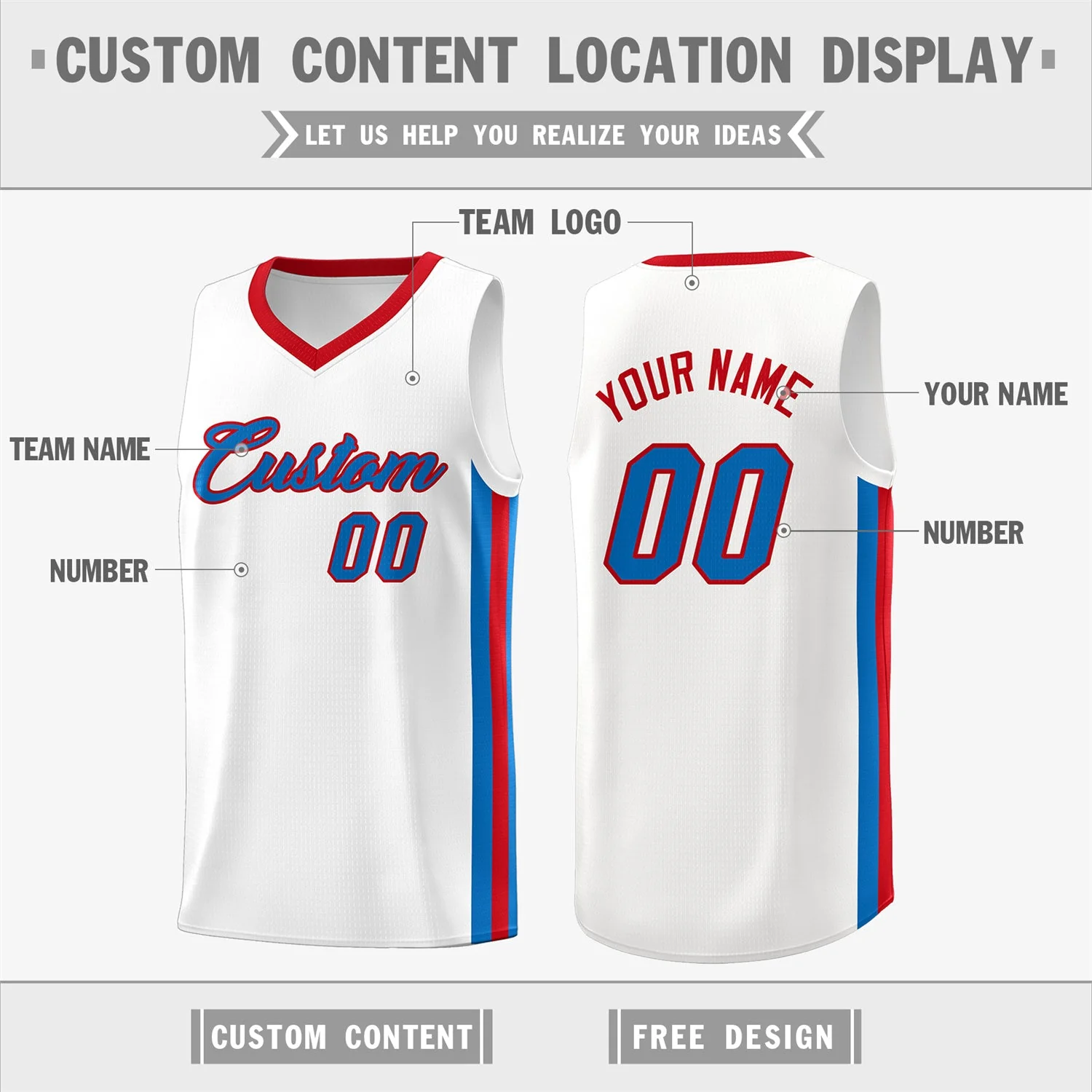 Custom White Royal-Red Classic Tops Athletic Casual Basketball Jersey - Image 2