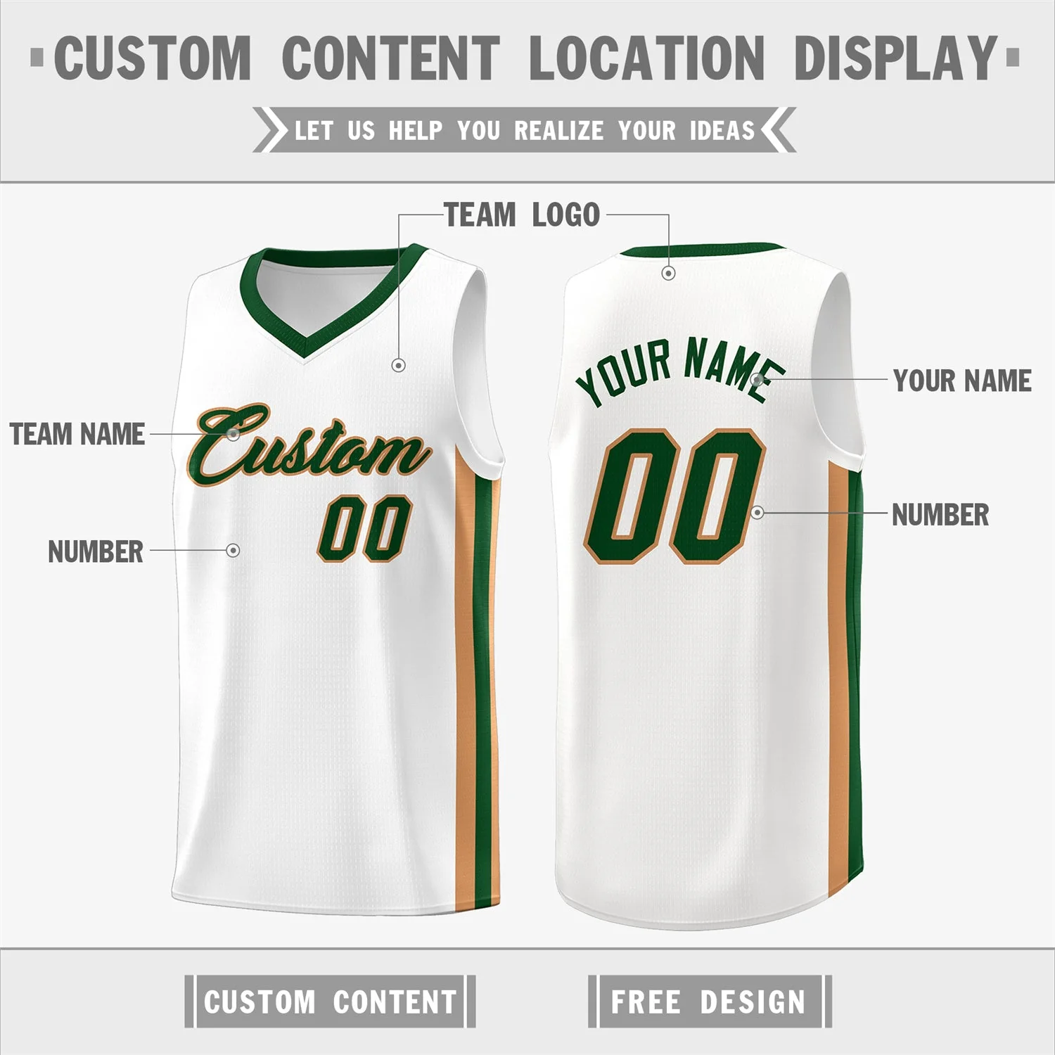 Custom White Green Classic Tops Athletic Casual Basketball Jersey - Image 2