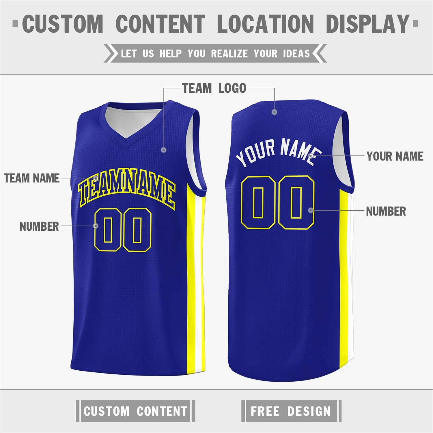 Custom Royal Yellow-White Classic Tops Athletic Casual Basketball Jersey - Image 2