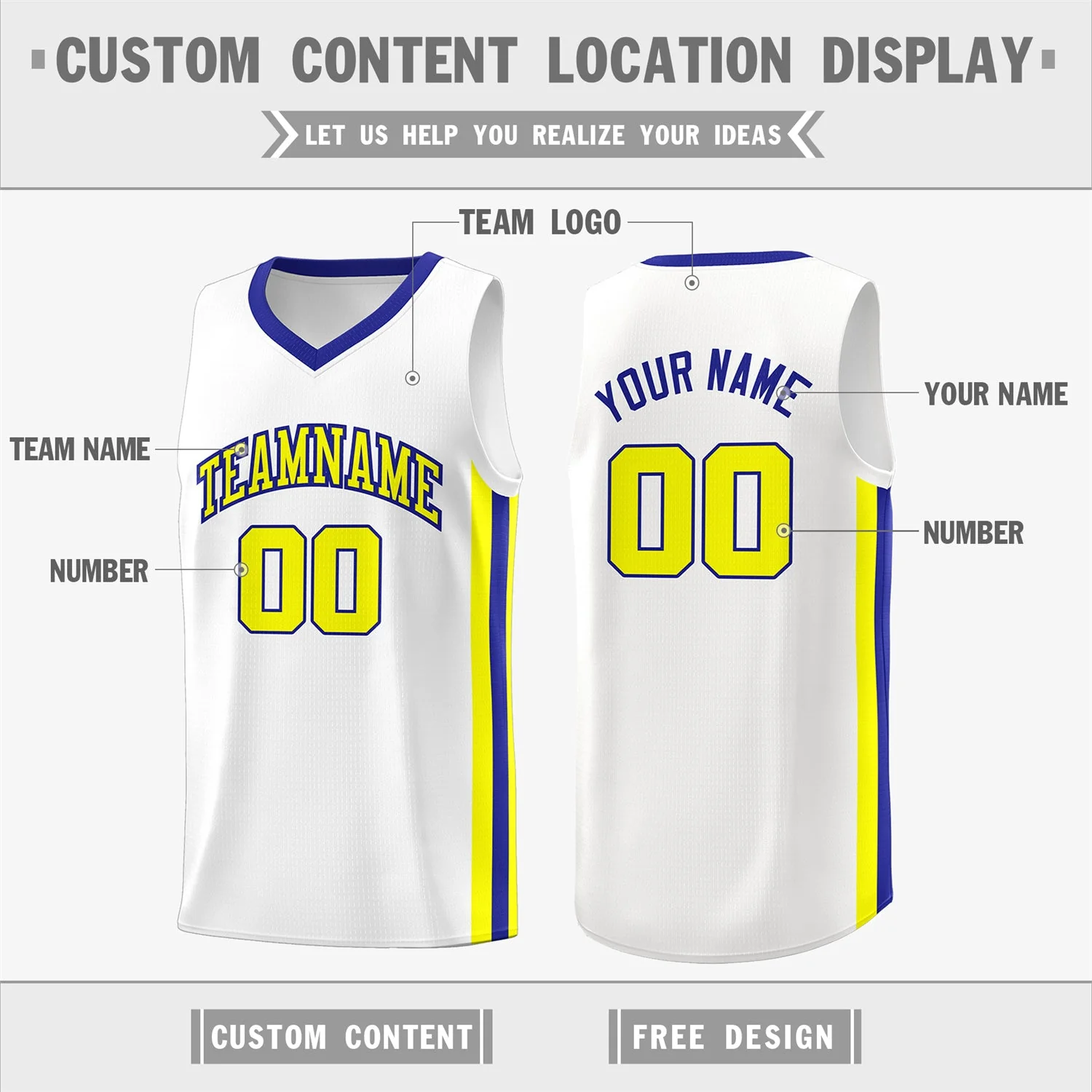 Custom White Royal-Yellow Classic Tops Athletic Casual Basketball Jersey - Image 2