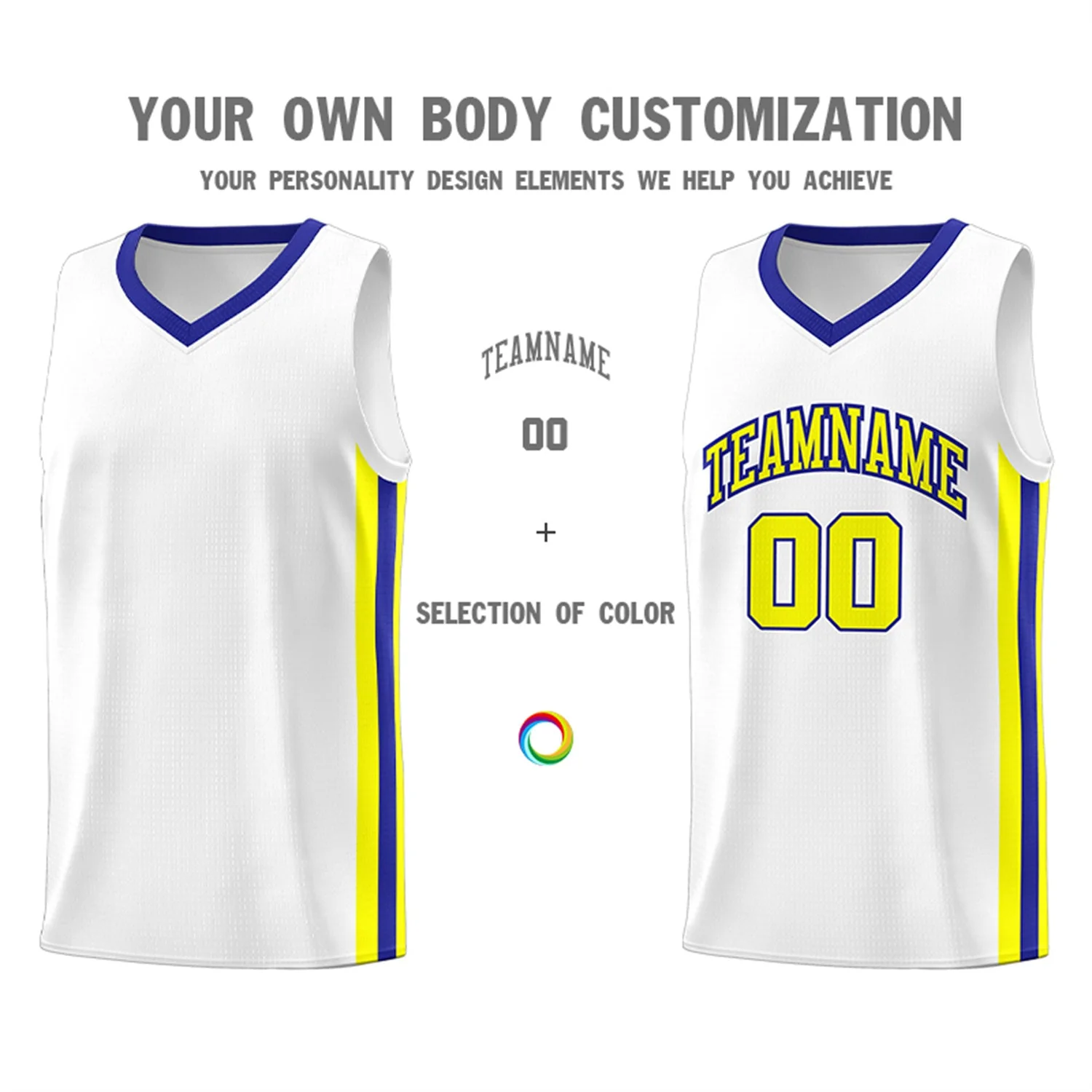 Custom White Royal-Yellow Classic Tops Athletic Casual Basketball Jersey - Image 3