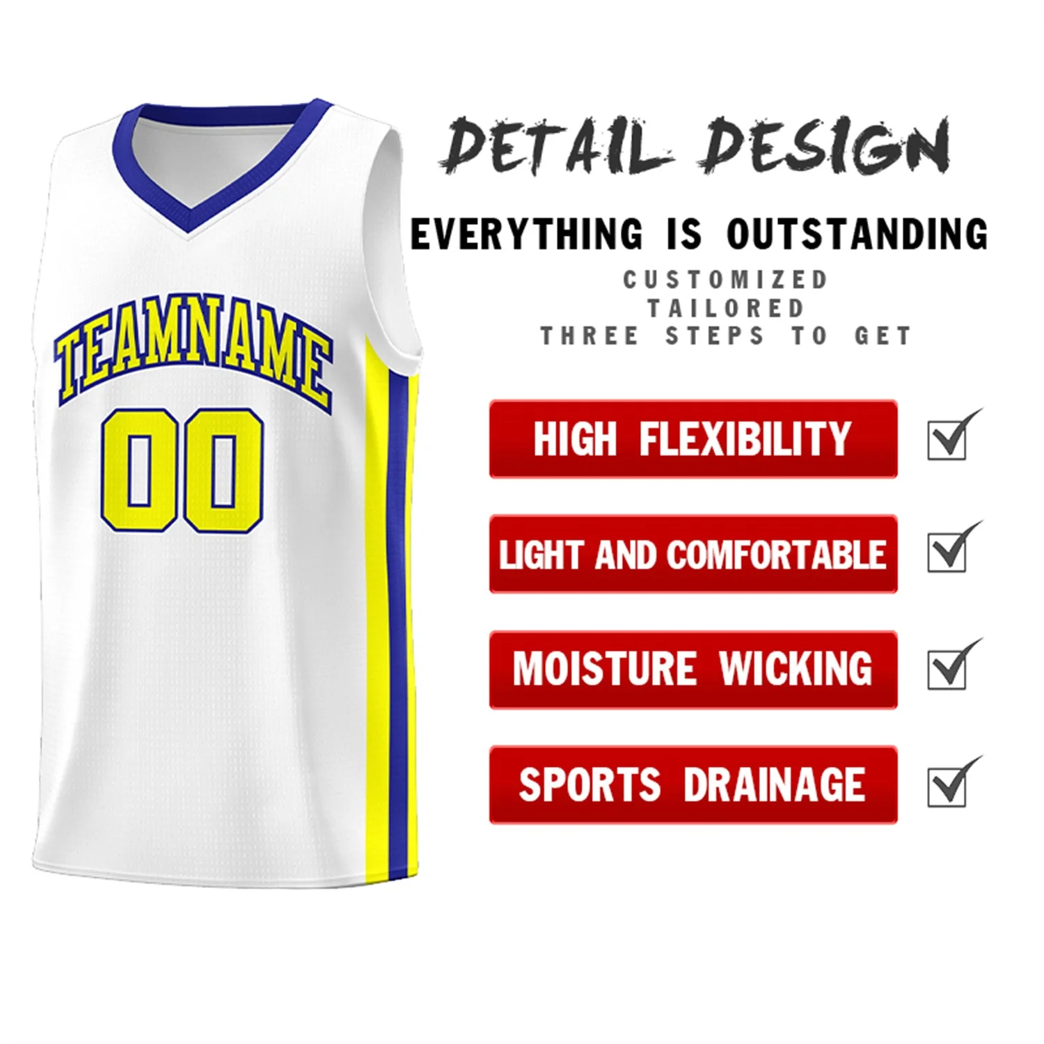 Custom White Royal-Yellow Classic Tops Athletic Casual Basketball Jersey - Image 4