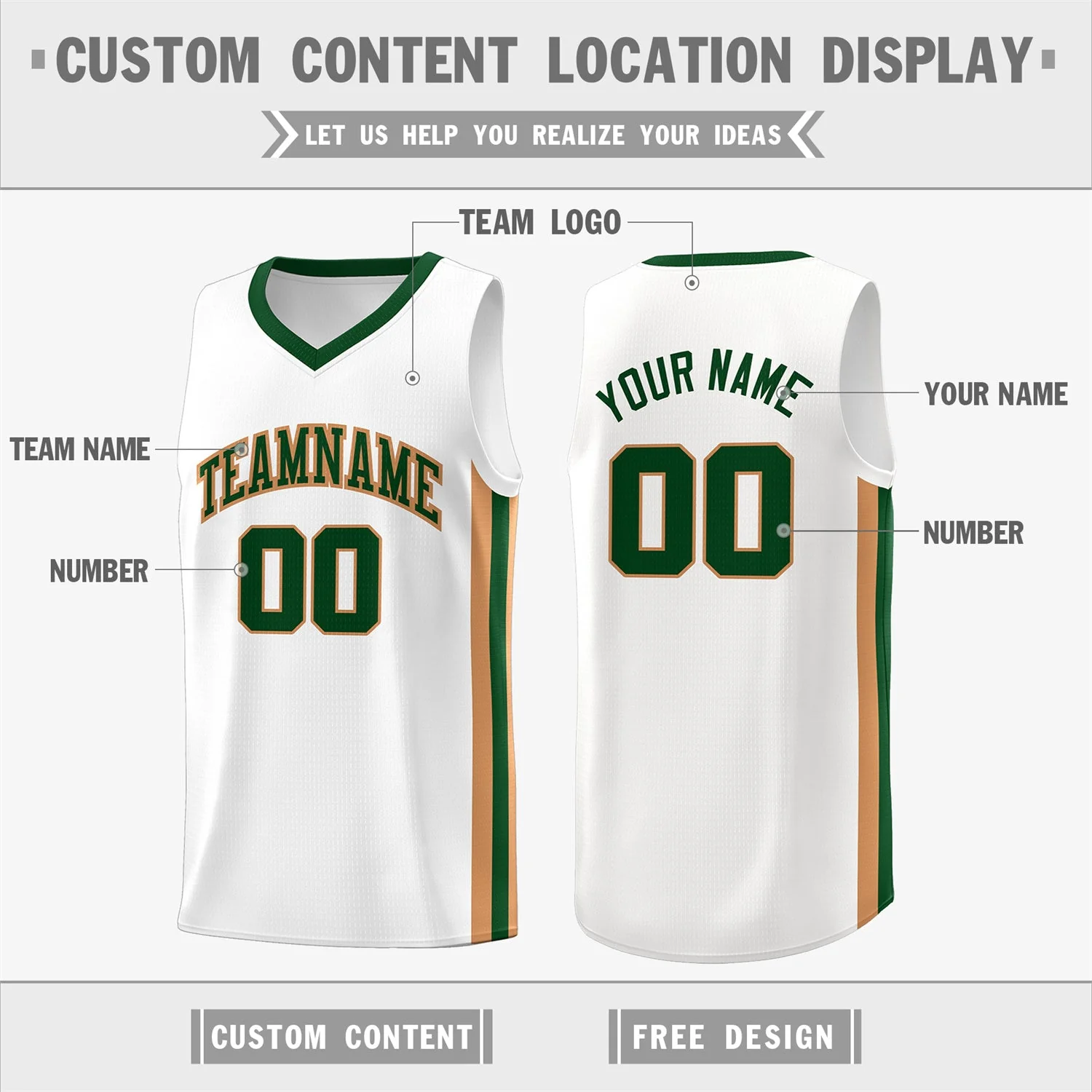 Custom White Green-Khaki Classic Tops Fashion Sportwear Basketball Jersey - Image 2