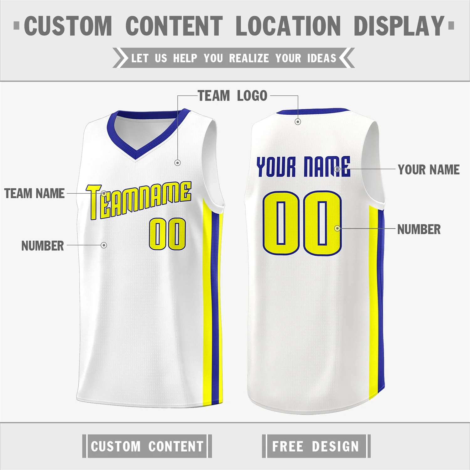 Custom White Yellow-Royal Classic Tops Tank Top Basketball Jersey - Image 2
