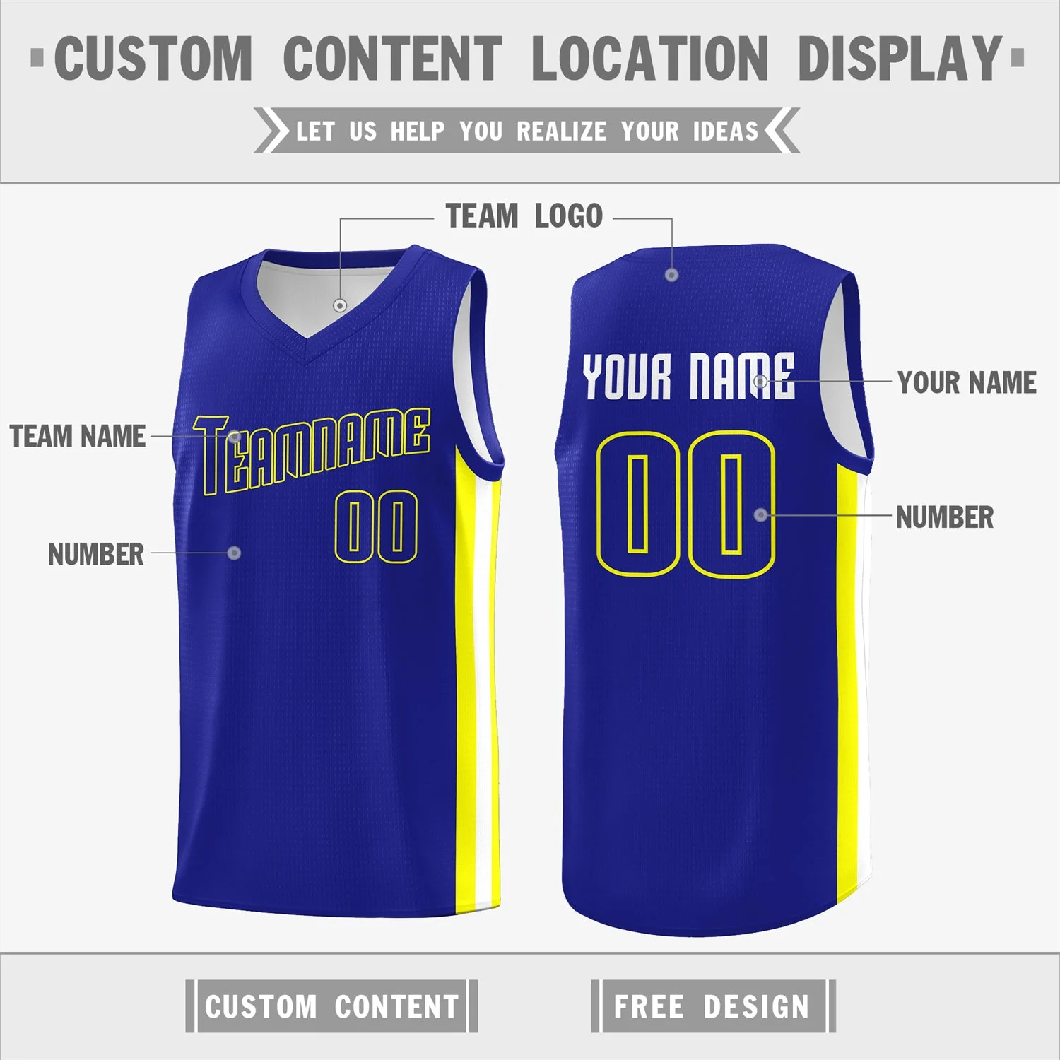 Custom Royal Yellow-White Double Side Tops Basketball Jersey - Image 2