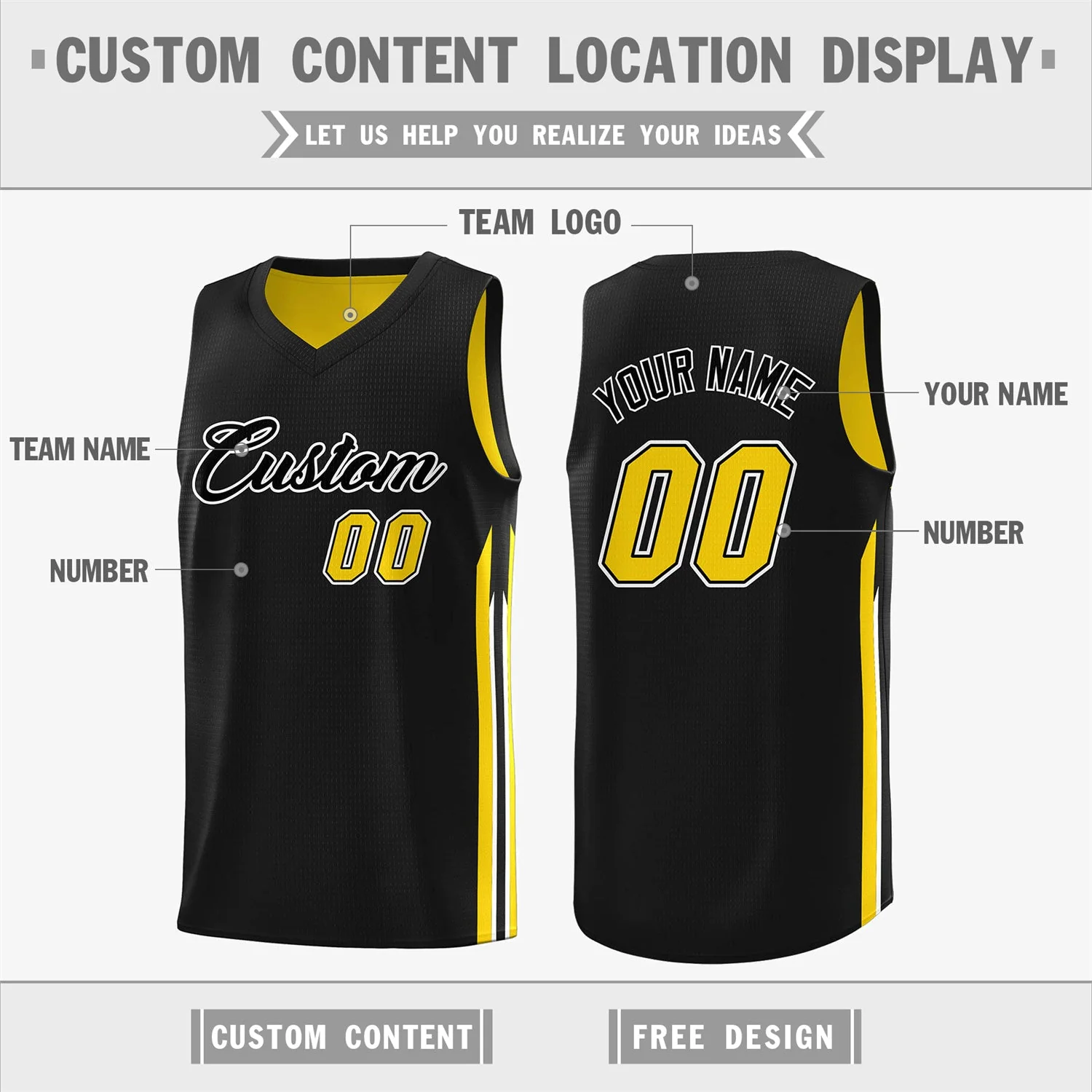 Custom Black Yellow Double Side Tops Men Training Basketball Jersey - Image 2