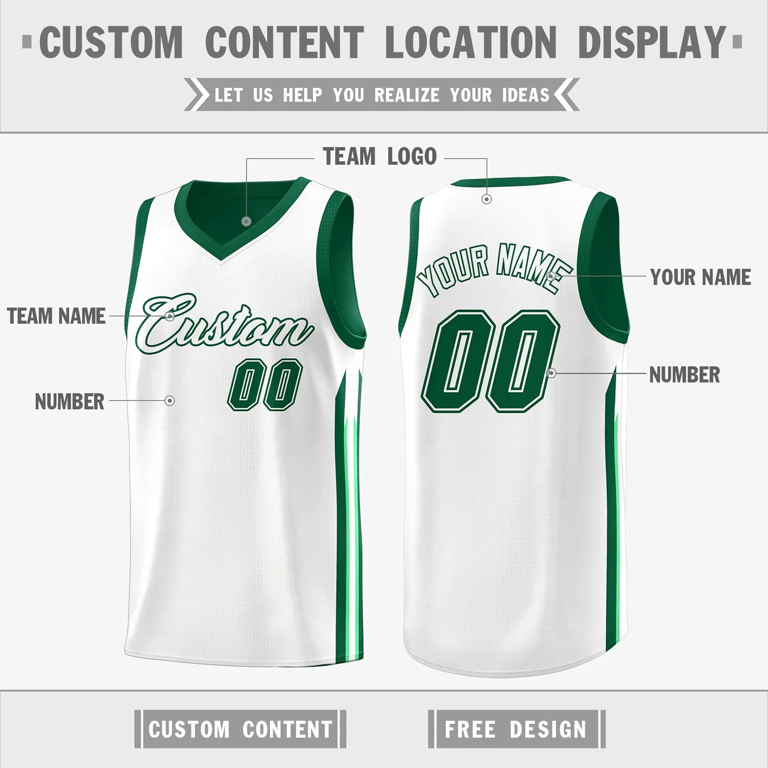 Custom Green White Double Side Tops Men Training Basketball Jersey - Image 3