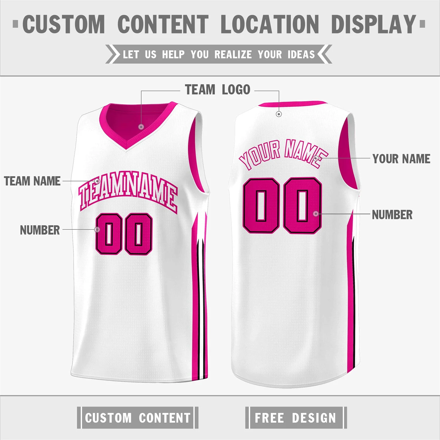 Custom Pink White Double Side Tops Training Fashion Basketball Jersey - Image 3