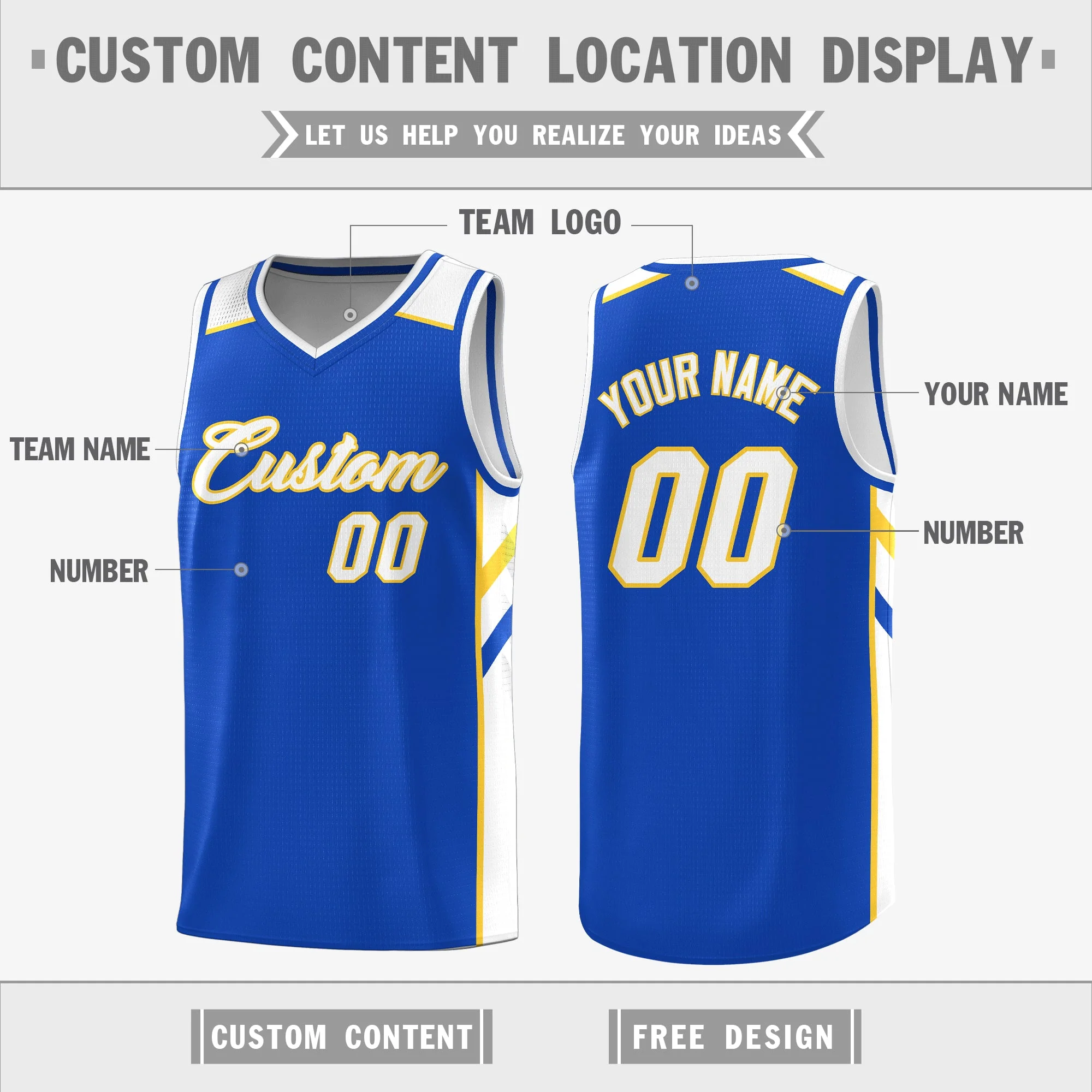 Custom Royal White-Yellow Double Side Tops Fashion Basketball Jersey - Image 2