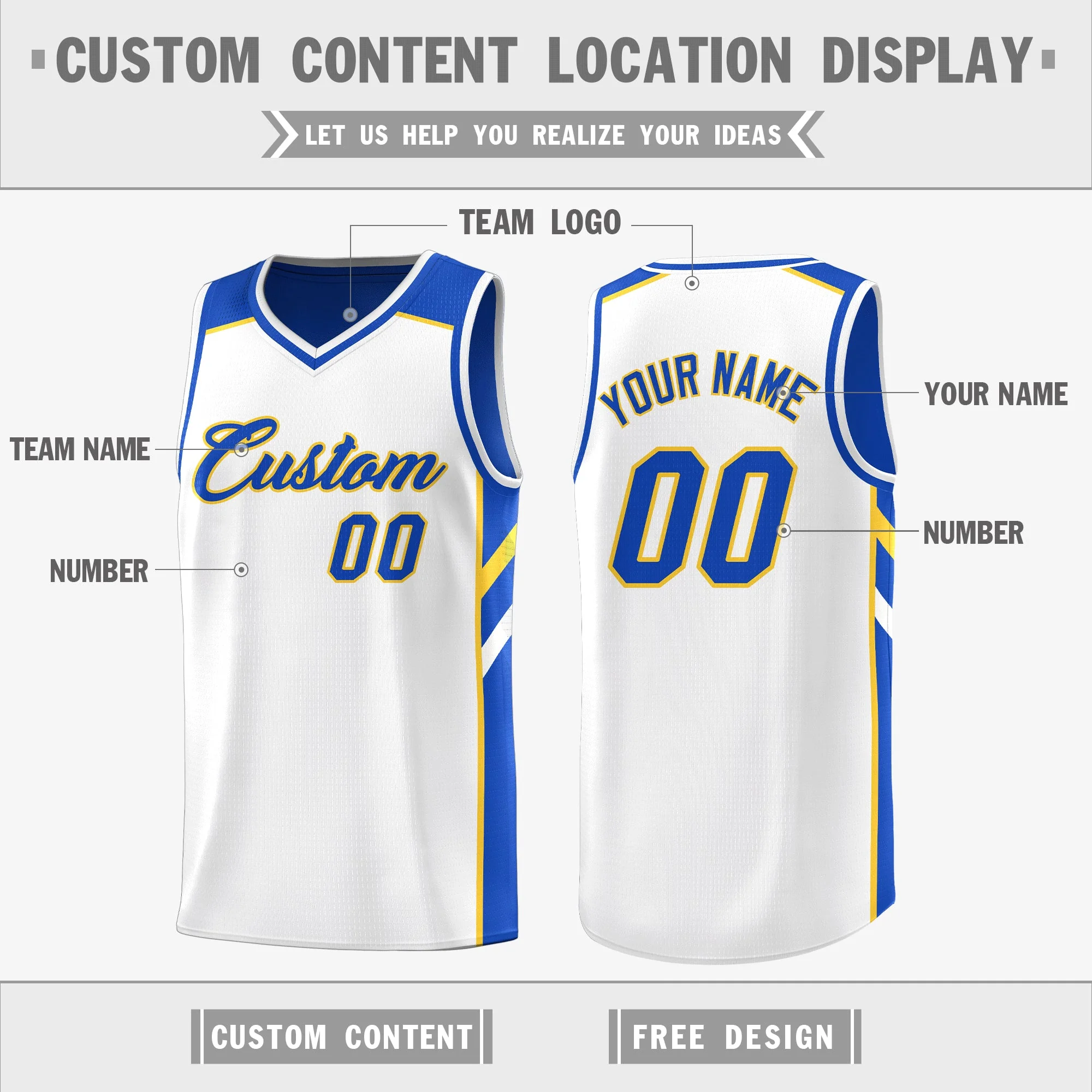 Custom Royal White-Yellow Double Side Tops Fashion Basketball Jersey - Image 3