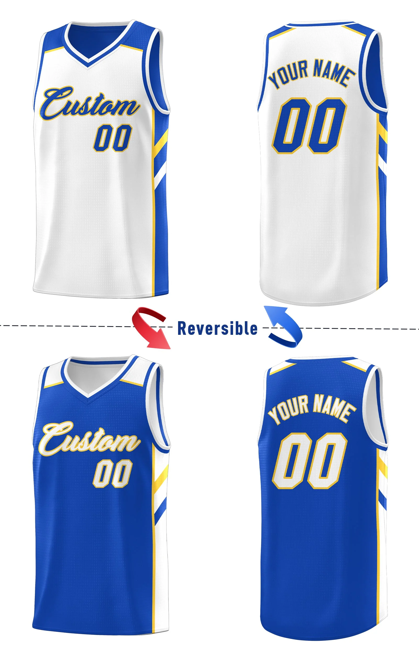 Custom Royal White-Yellow Double Side Tops Fashion Basketball Jersey - Image 4
