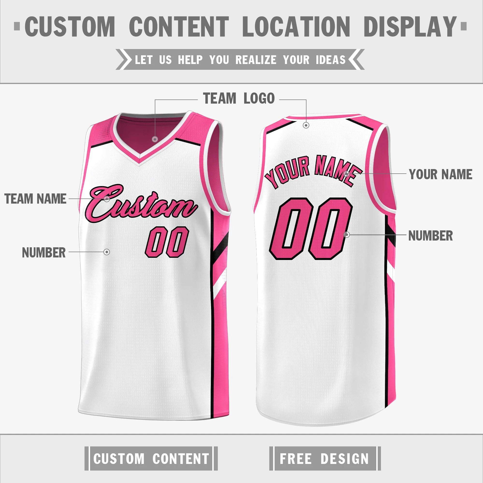 Custom Pink White Double Side Tops Training Basketball Jersey - Image 3