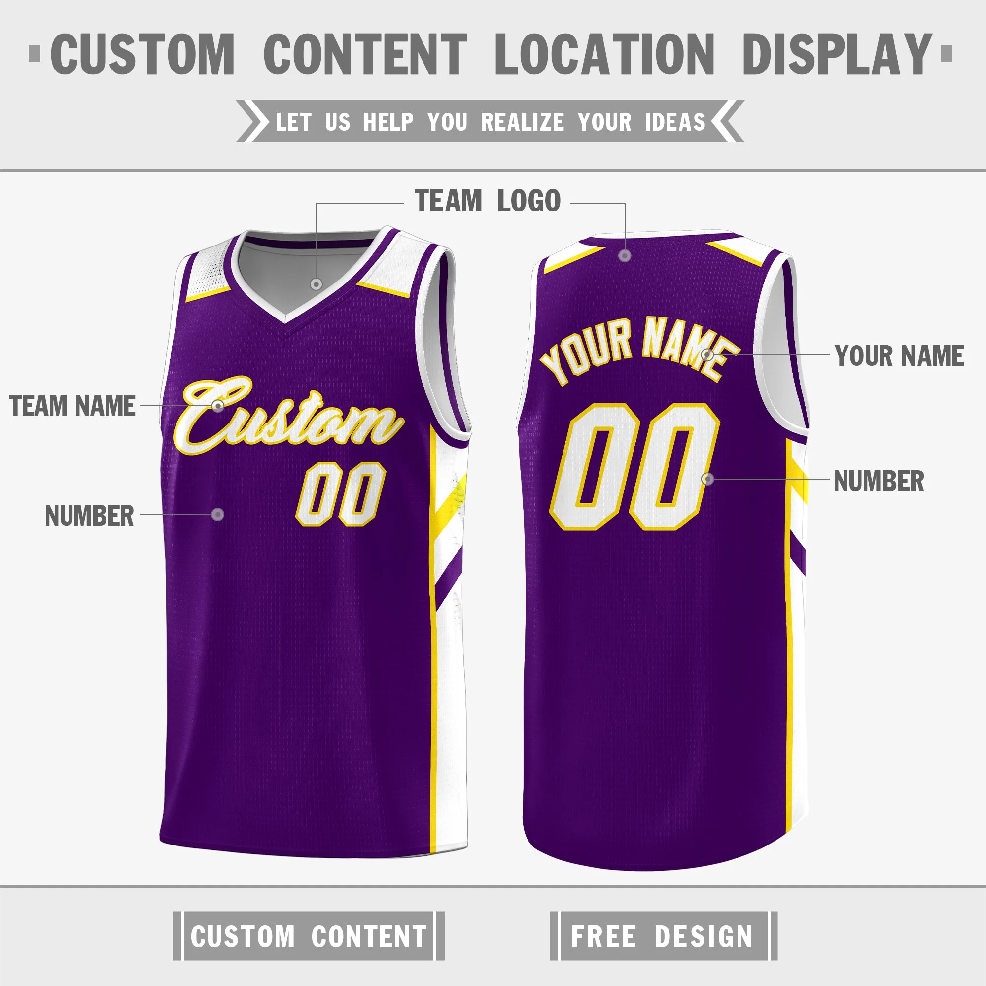 Custom Purple White-Yellow Double Side Tops Casual Basketball Jersey - Image 2