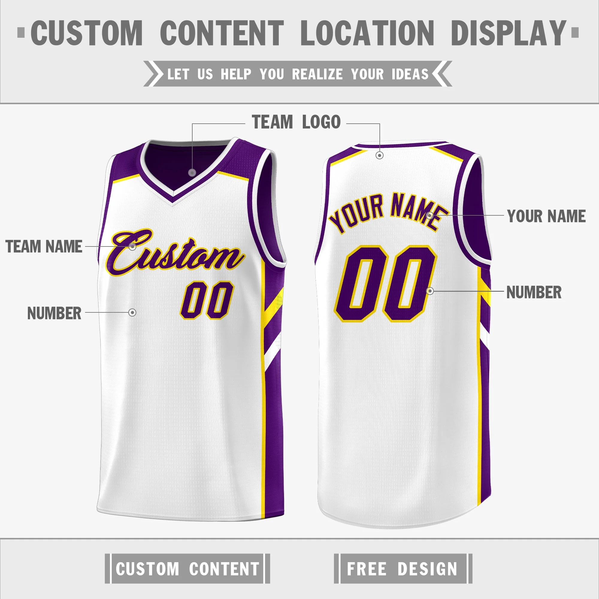 Custom Purple White-Yellow Double Side Tops Casual Basketball Jersey - Image 3
