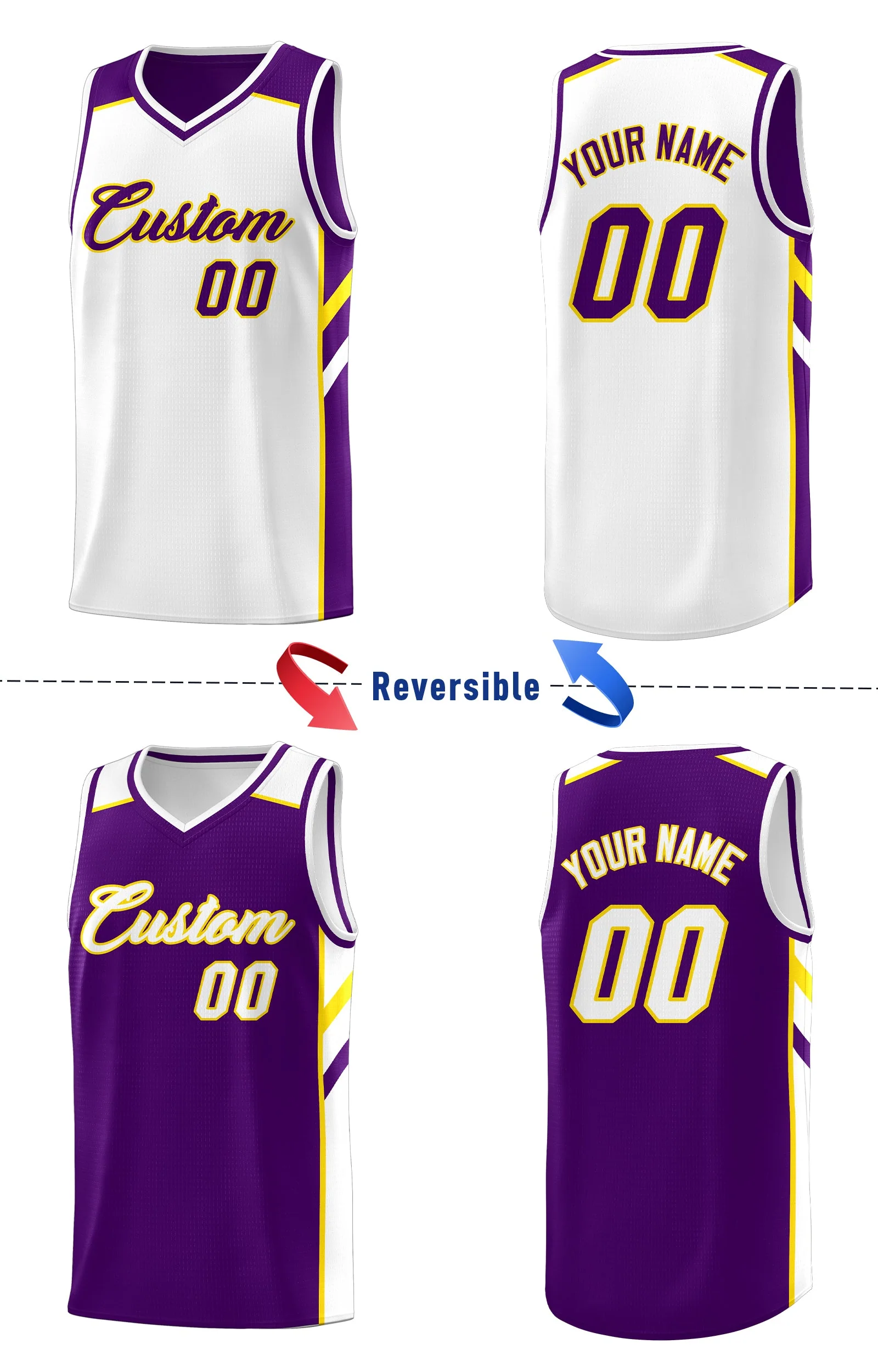 Custom Purple White-Yellow Double Side Tops Casual Basketball Jersey - Image 4
