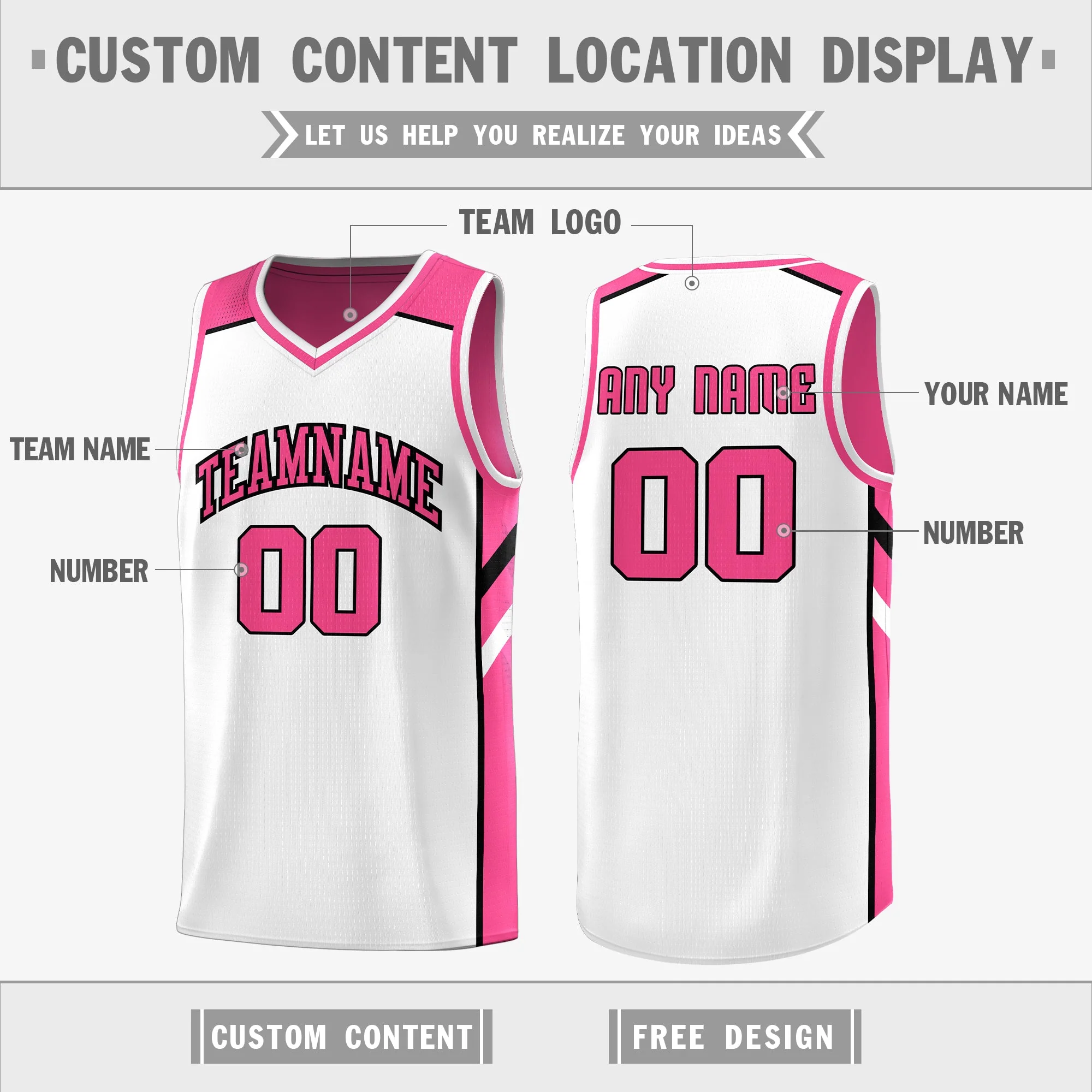Custom Pink White Double Side Tops Breathable Training Basketball Jersey - Image 3