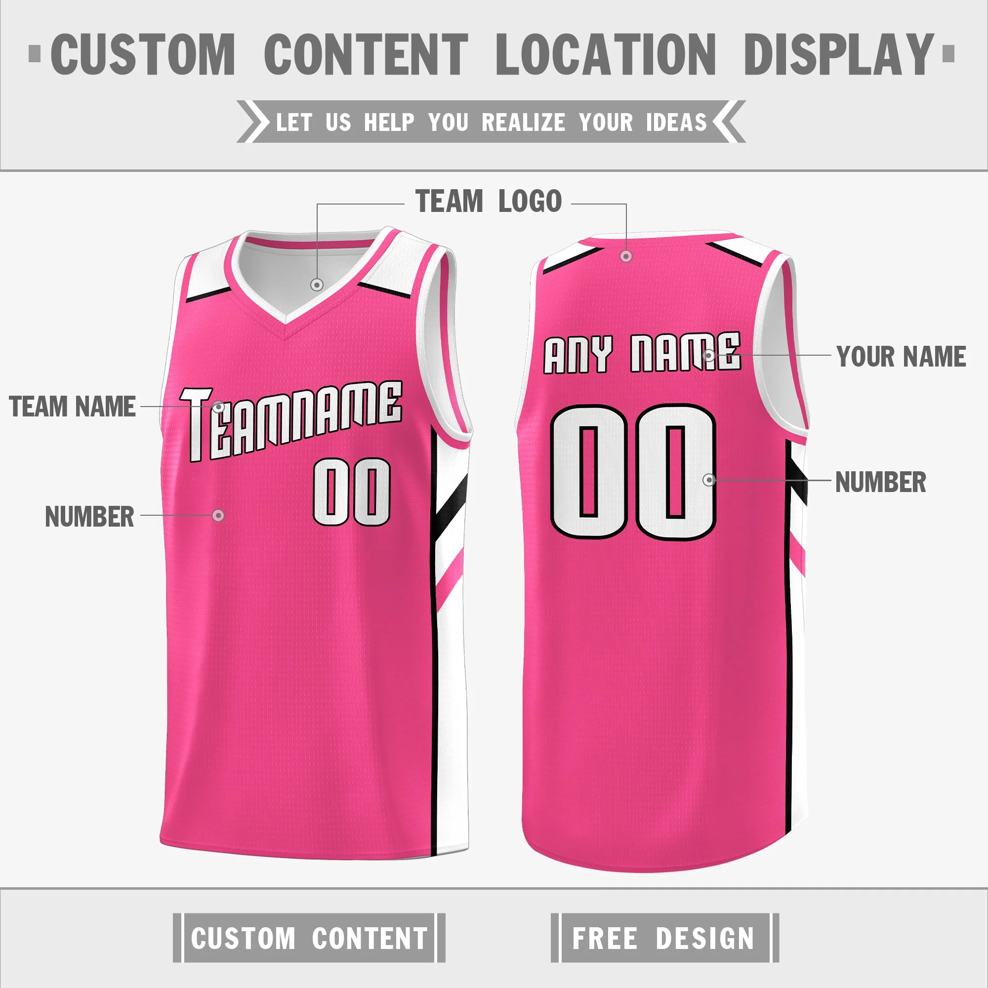 Custom Pink White Double Side Tops Athletic Sports Basketball Jersey - Image 2