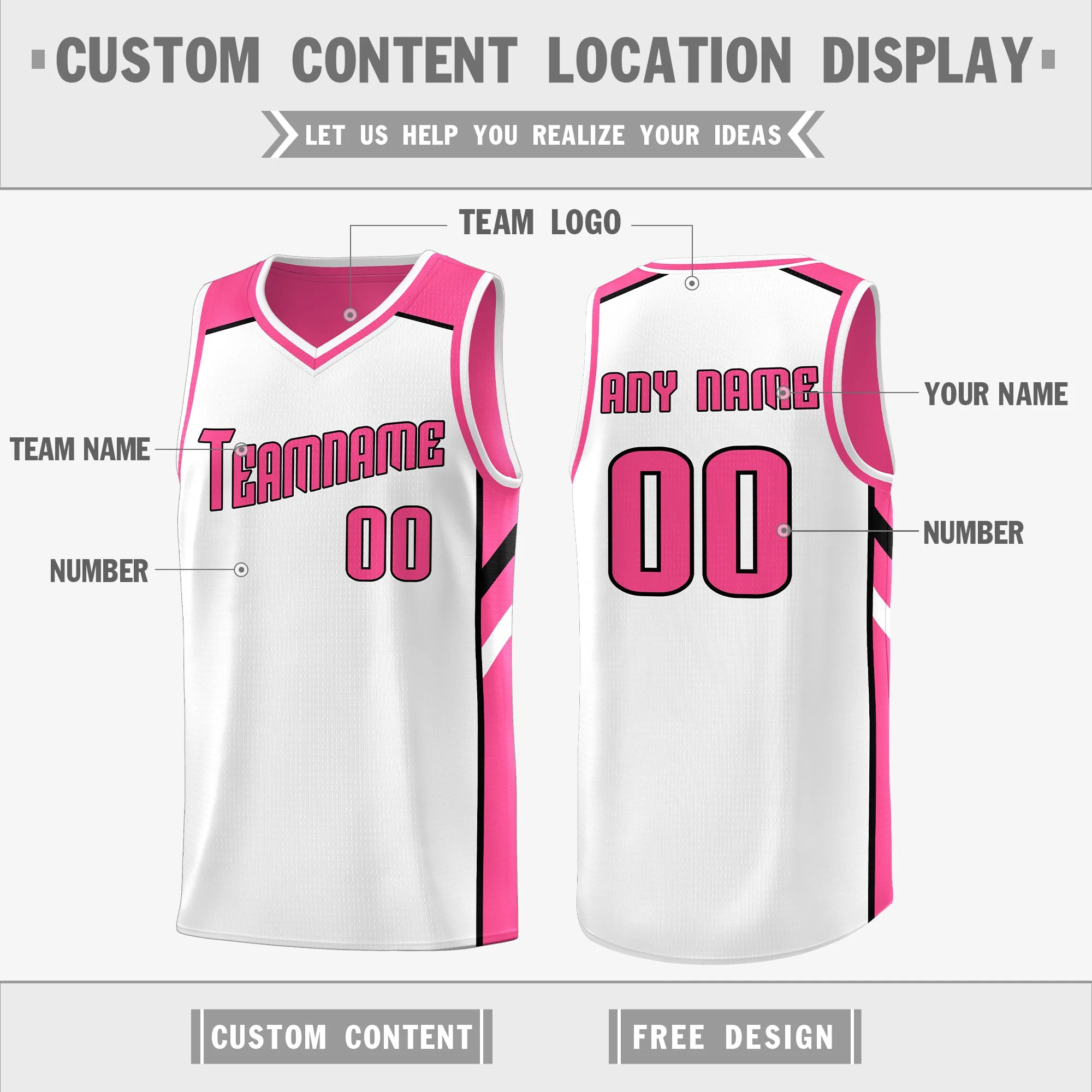 Custom Pink White Double Side Tops Athletic Sports Basketball Jersey - Image 3