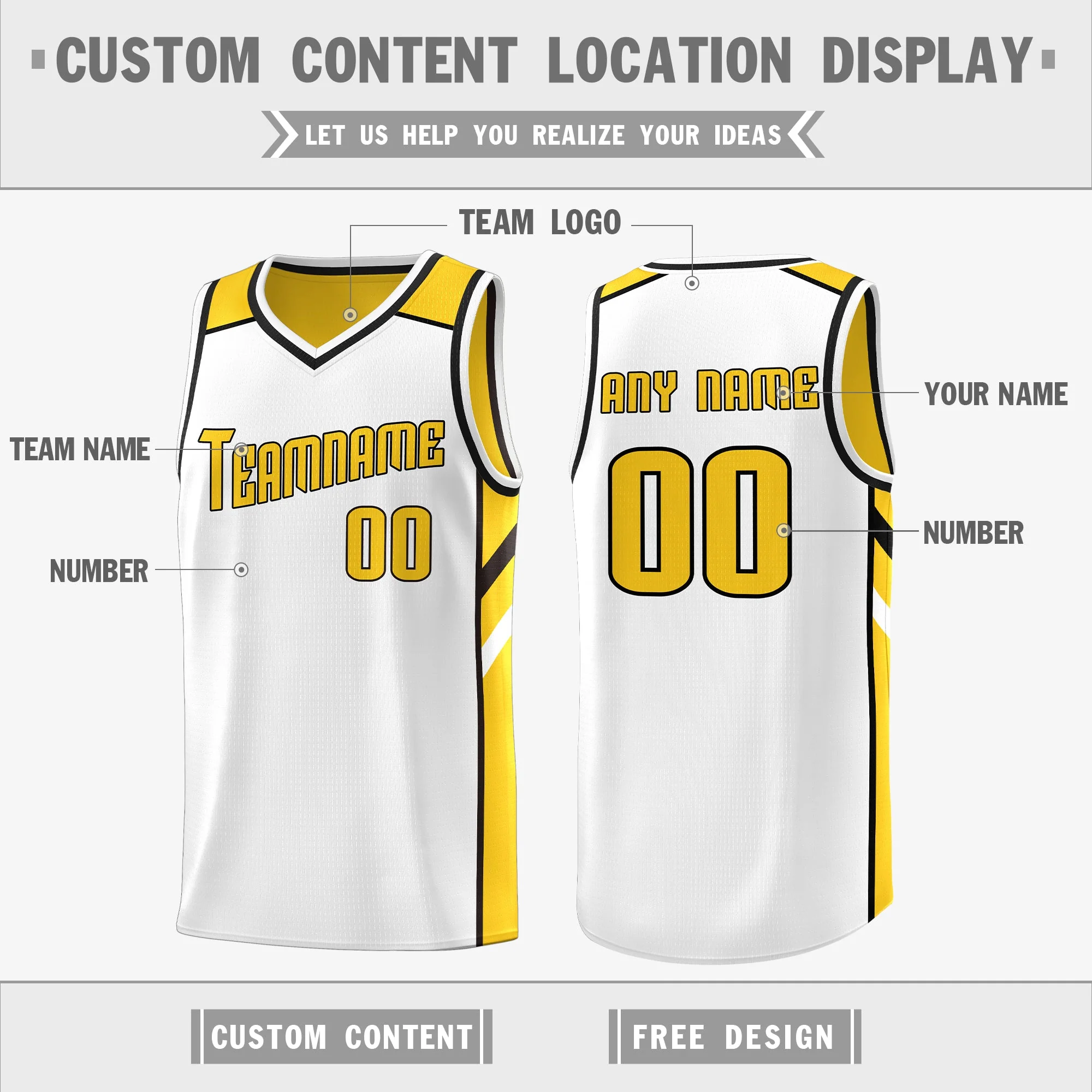 Custom Yellow White Double Side Tops Athletic Sports Basketball Jersey - Image 3