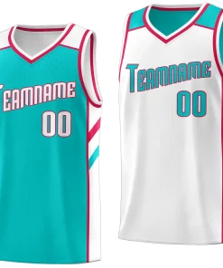Custom Teal White Double Side Tops Athletic Sports Basketball Jersey
