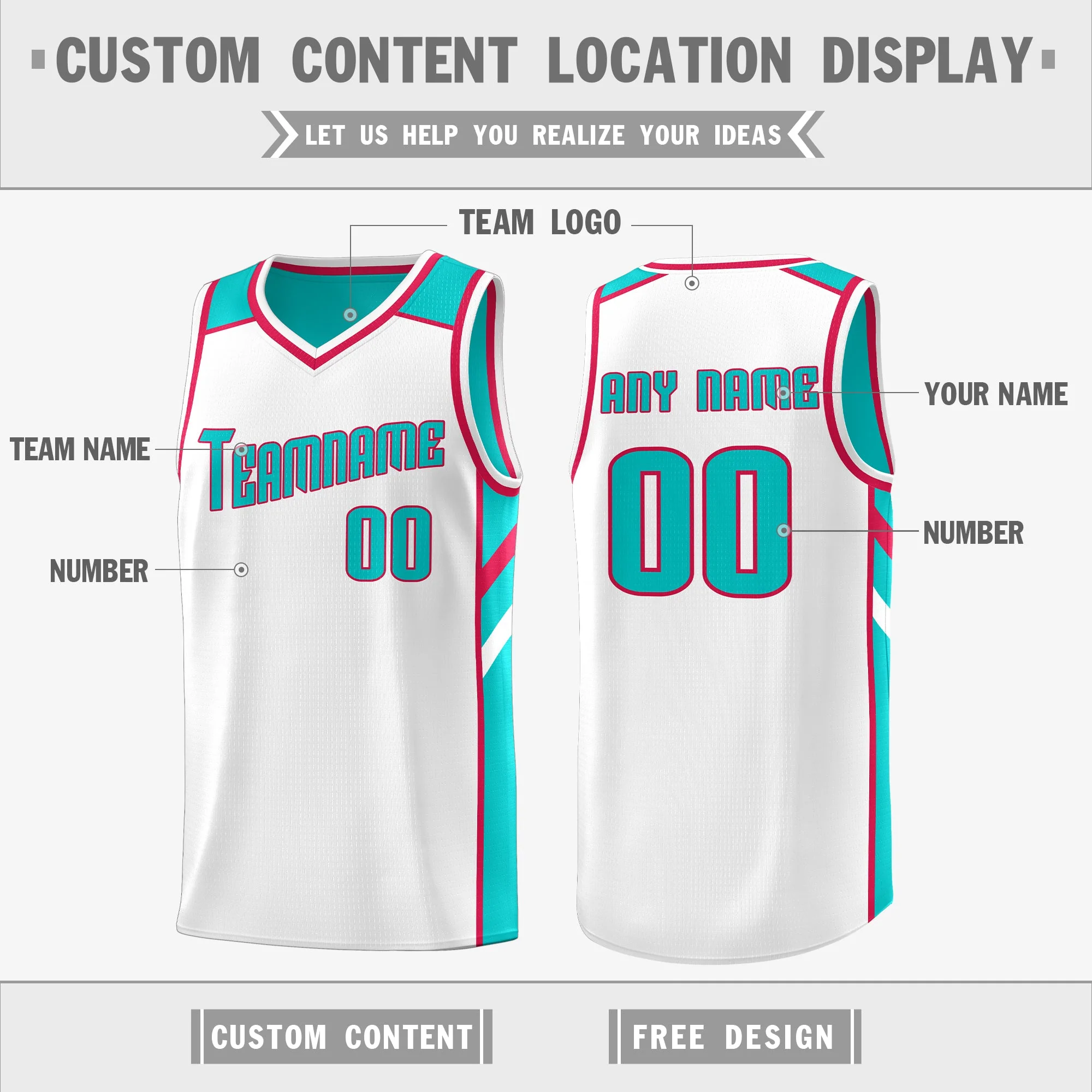 Custom Teal White Double Side Tops Athletic Sports Basketball Jersey - Image 3
