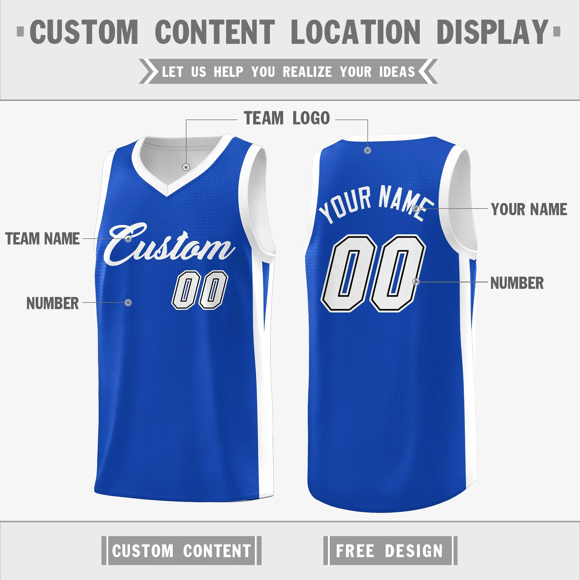 Custom Royal White Double Side Tops Athletic Basketball Jersey - Image 2