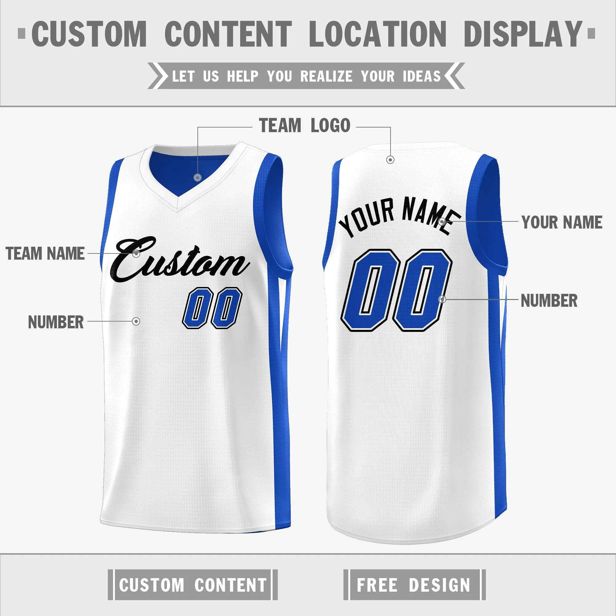 Custom Royal White Double Side Tops Athletic Basketball Jersey - Image 3