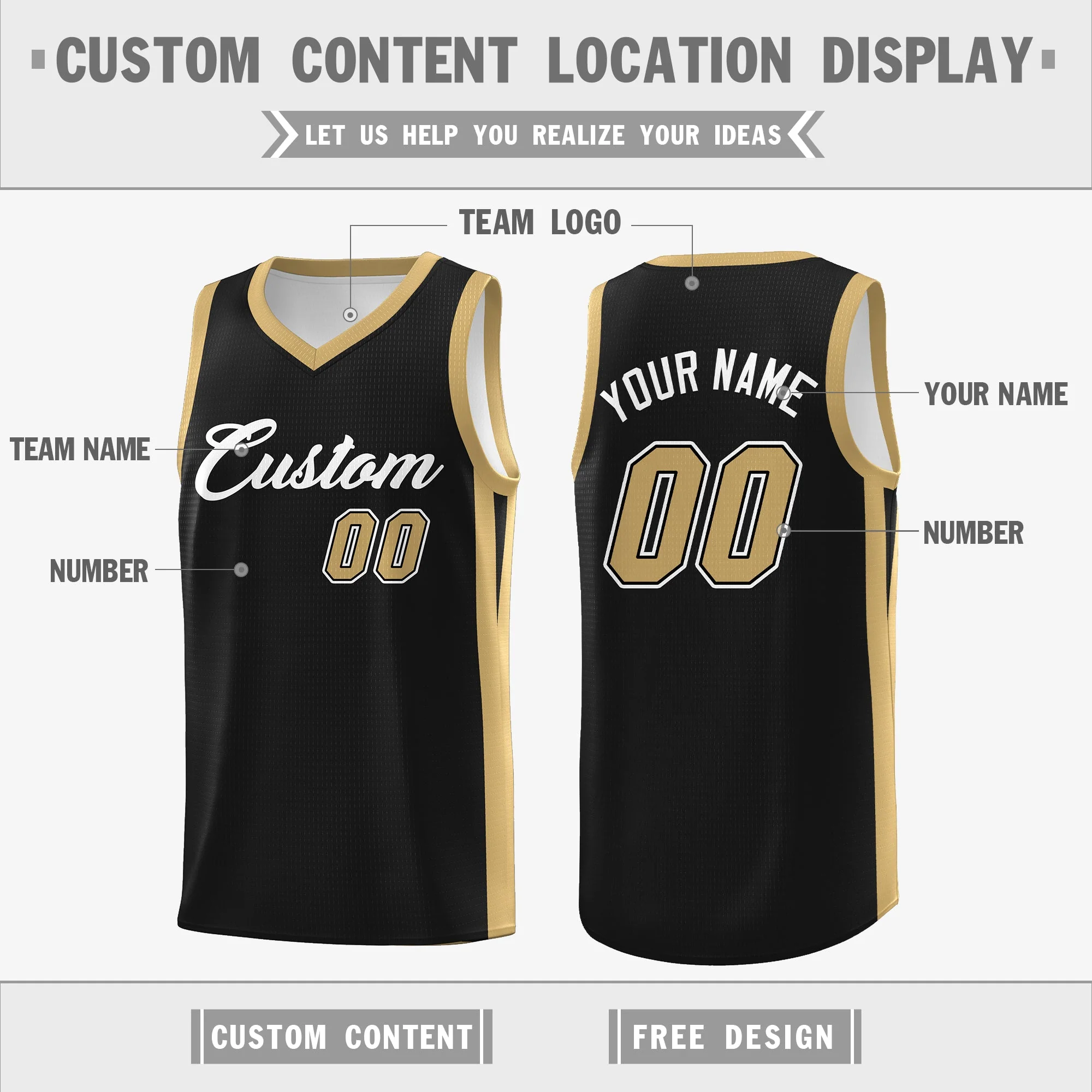 Custom Black White-Khaki Double Side Tops Athletic Basketball Jersey - Image 3