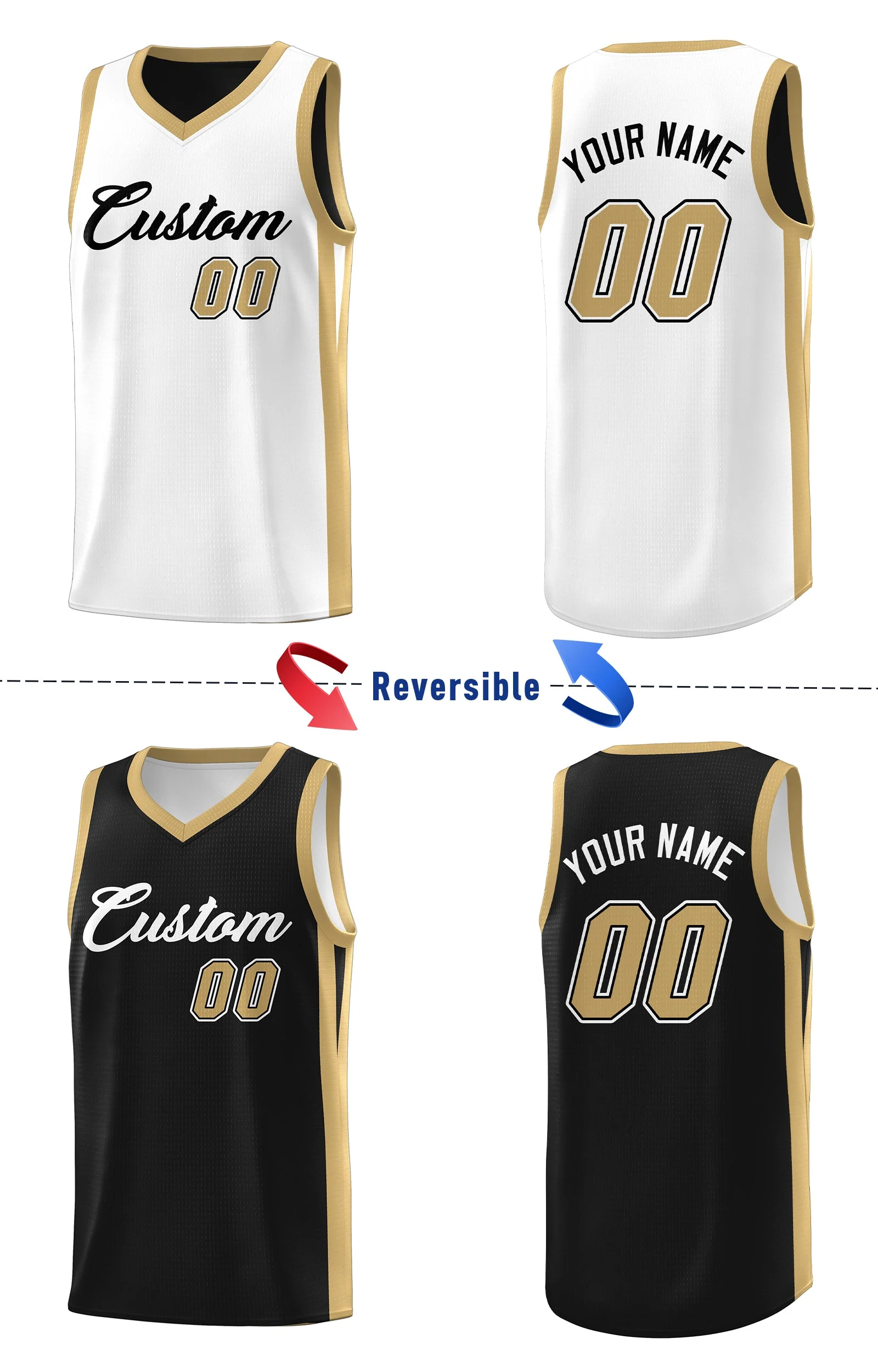 Custom Black White-Khaki Double Side Tops Athletic Basketball Jersey - Image 5