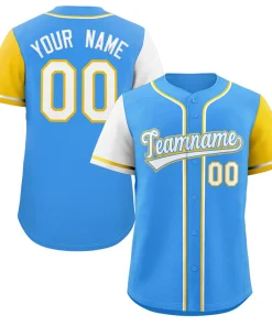 Custom Powder Blue White-Gold Raglan Sleeves Authentic Baseball Jersey
